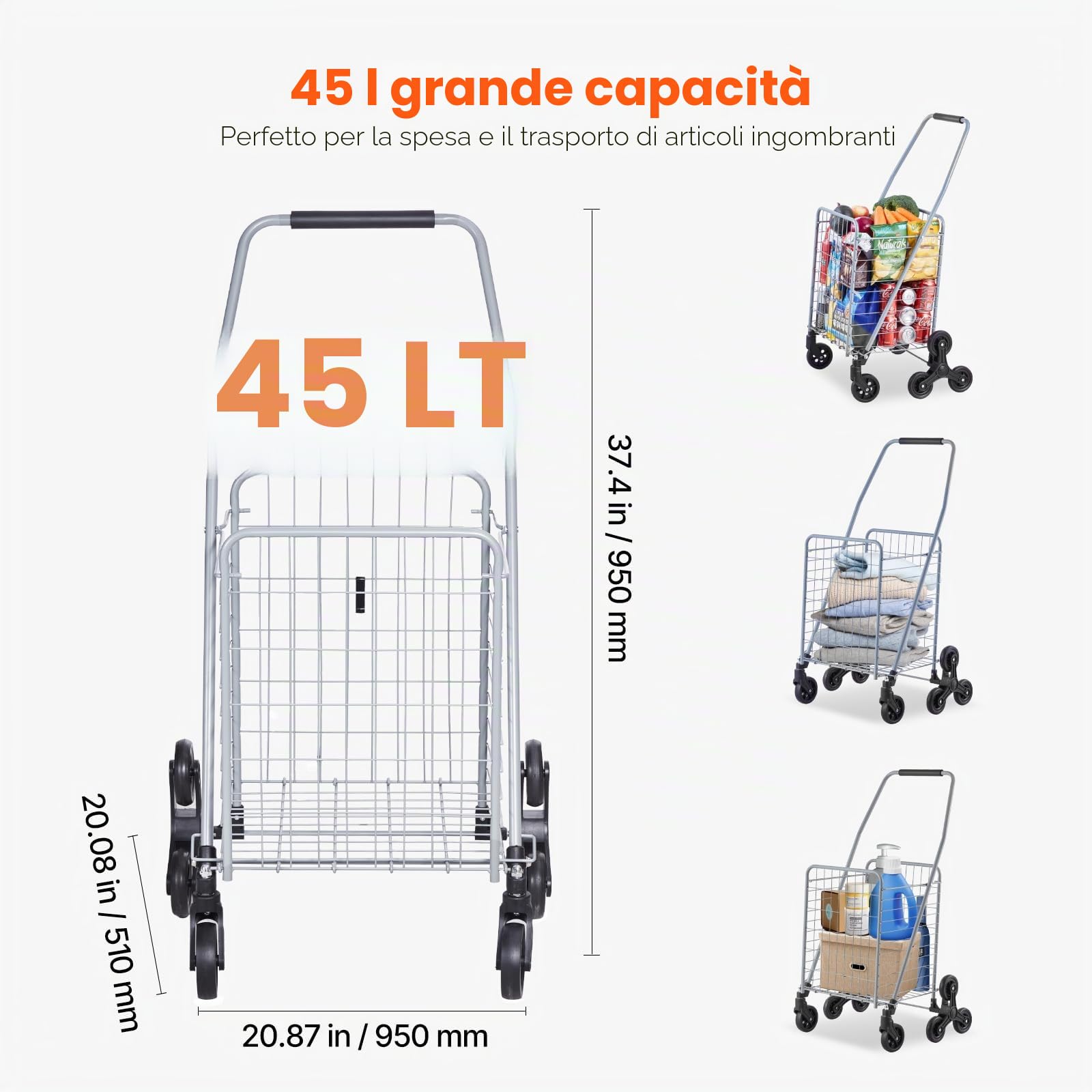 VEVOR Carrello della Spesa per Salire Scale da 45 L con Ruote Girevoli a 360°, Carrello Multiuso per Salire Scale con Tre Ruote, Carrello per Scale, Pieghevole e Leggero per Bucato in Viaggio, Argento