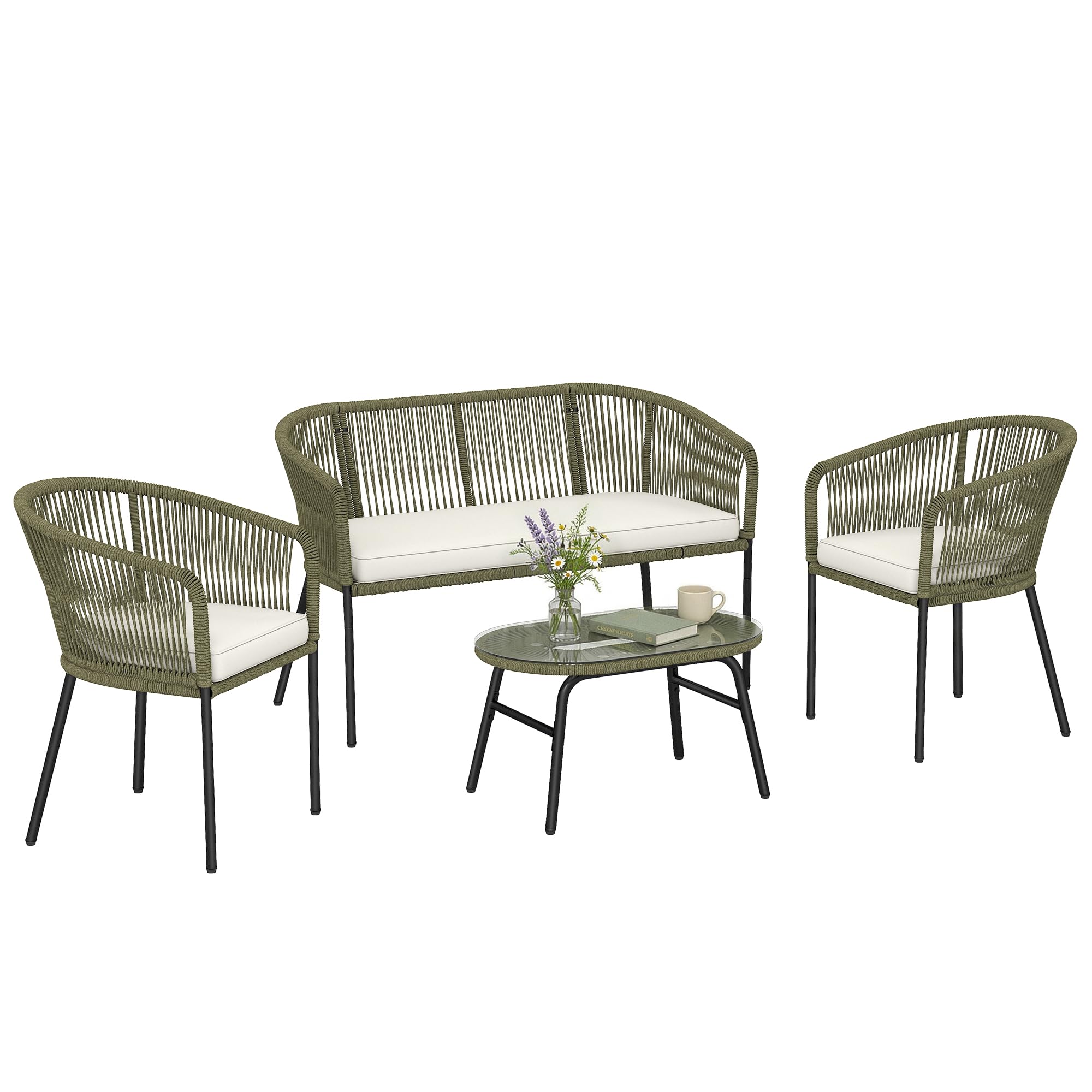 Outsunny Salon de Jardin Extérieur 4 Places PP Rond Tressé Balcon Crème | Canapé 2 Places, 2 Fauteuils, Table Basse Verre Trempé, Mobilier de Jardin Terrasse, Coussins Déhoussables