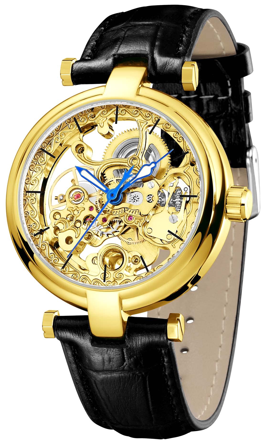 CARLIEN Skeleton Automatic Steampunk Watches Gold-Tone Luminous Hands  Leather Strap Wrist-Watch