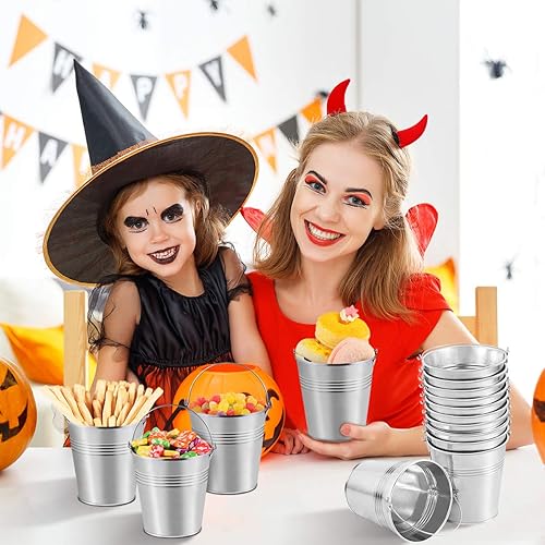 Miniatura 3 de Toyvian Cubos de metal mini cubo de hojalata, cubos metálicos de 4 pulgadas con asa para recuerdos de fiesta, dulces, velas votivas, baratijas,