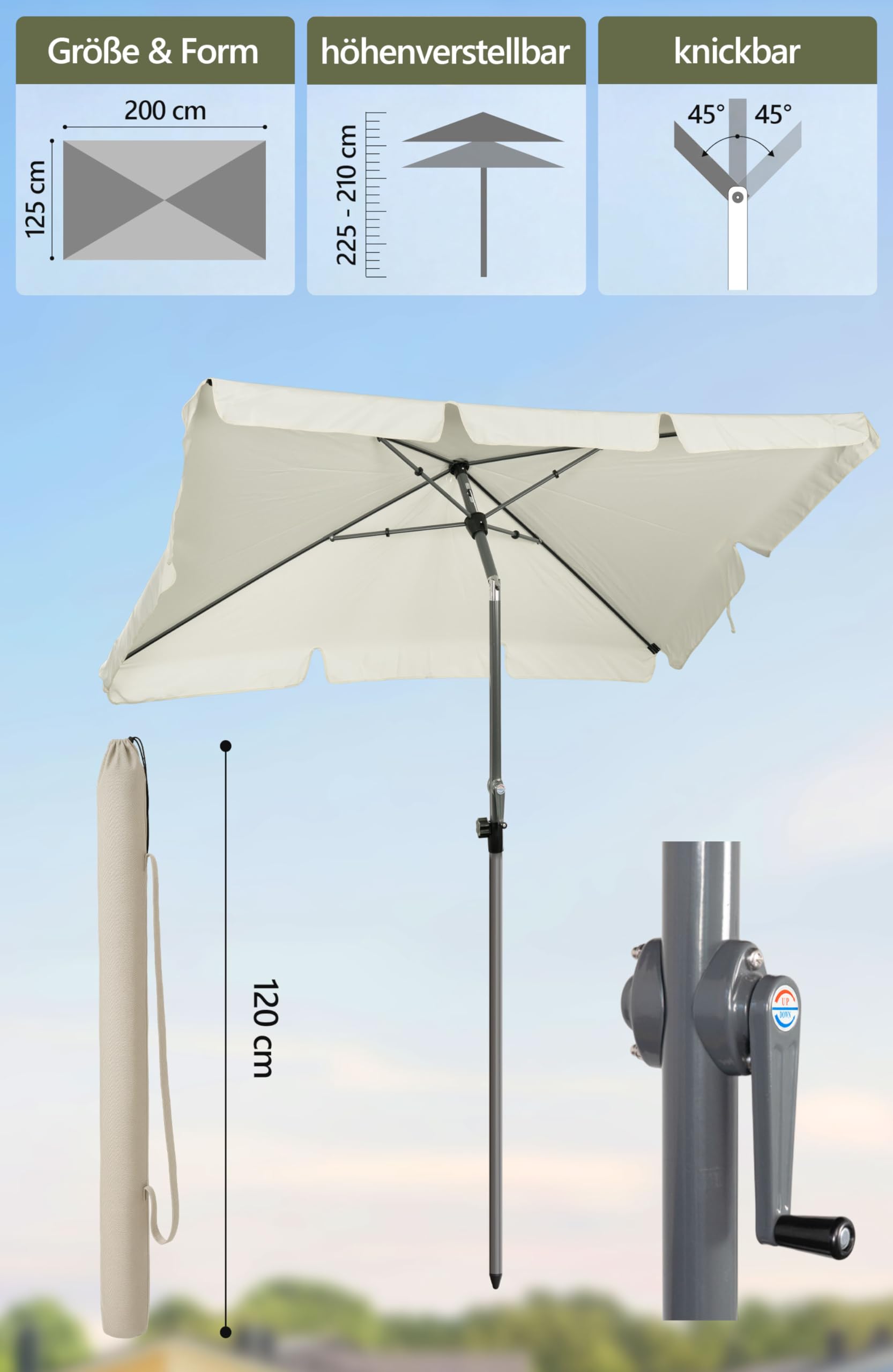 Menz SunnyShade Balkonschirm, mit Kurbel, Roma, mit Schutzhülle, Sonnenschirm Balkon 200x125 cm, Sonnenschirm rechteckig, UV 50+ Sonnenschutz Balkon, knickbar und höhenverstellbar, Beige