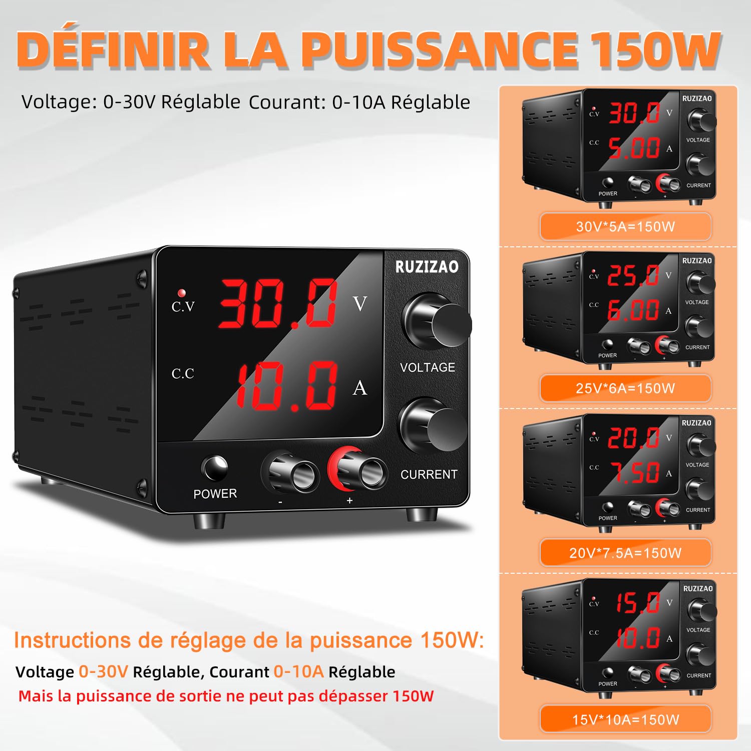 Alimentation de Laboratoire 30V 10A, Puissance Maximale 150W 30V5A/15V10A Stabilisée Réglable à Courant Continu Avec Réglage du Encodeur et Affichage LED à 3 Chiffres