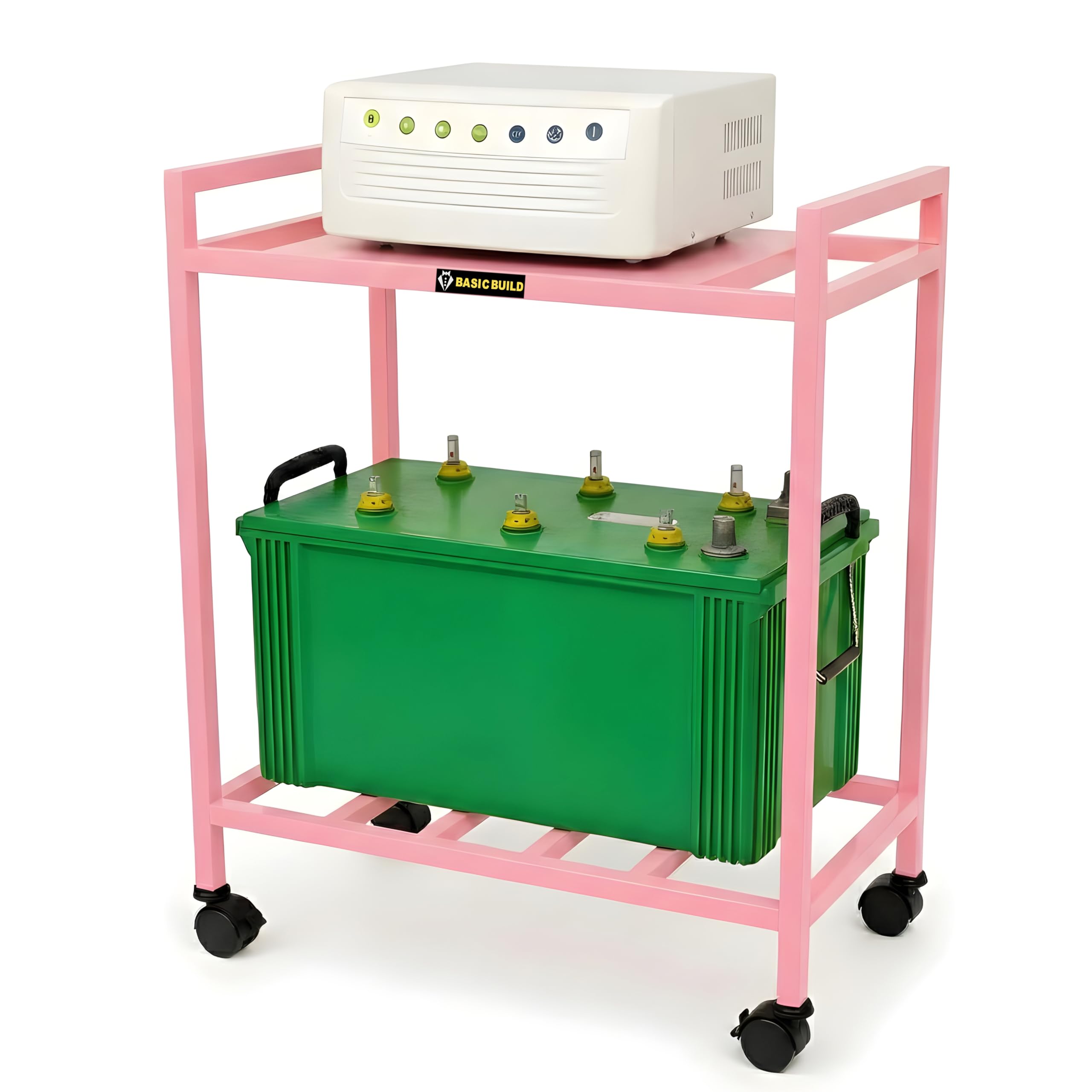 2-Tier Metal UPS & Inverter Stand – Heavy-Duty Home & Office Trolley with 360° Smooth Caster Wheels | Storage Shelf for Inverters | Holds 100Kg+ (Pink)-image-8
