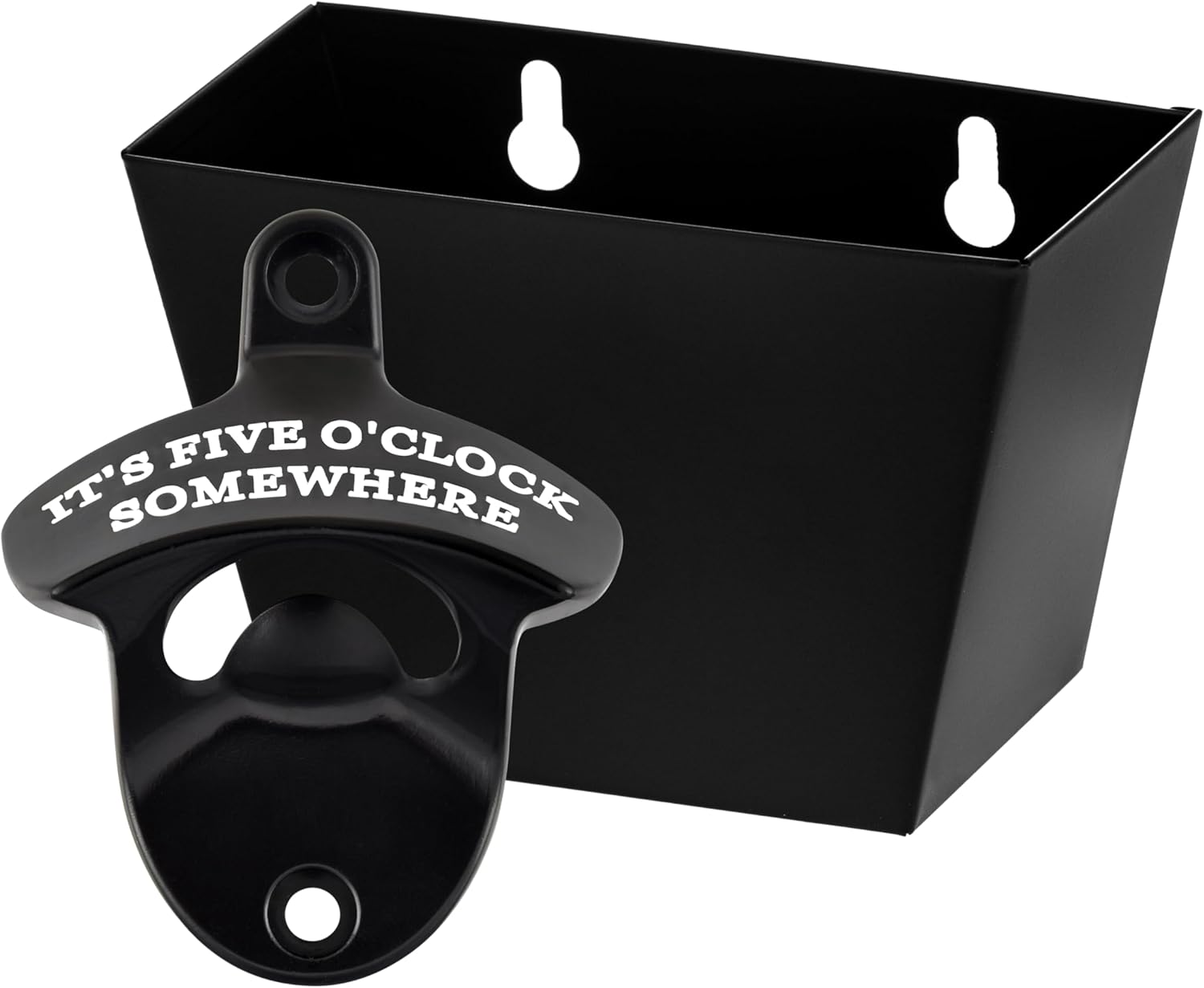 Rustproof Wall Mounted Bottle Opener with Cap Catcher Black White FIVE O'CLOCK SOMEWHERE Mountable Beer Top Opener for Table Carbinet Patio (2 PCS)