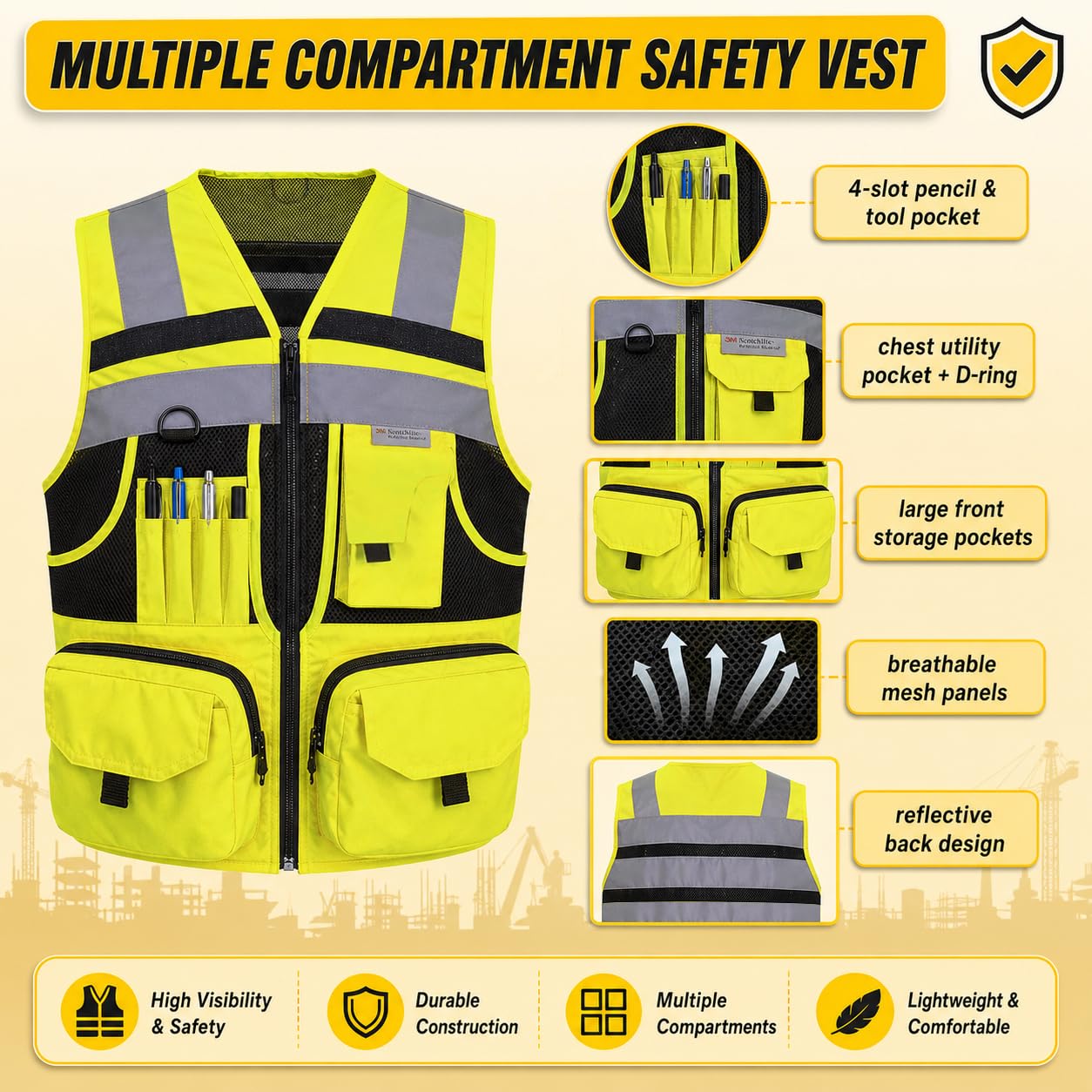 Chaleco de seguridad de punto con rayas reflectantes 3M, chaleco Oxford de alta visibilidad con bolsillos, ropa de trabajo de construcción brillante para hombres y mujeres, Amarillo alta visibilidad,