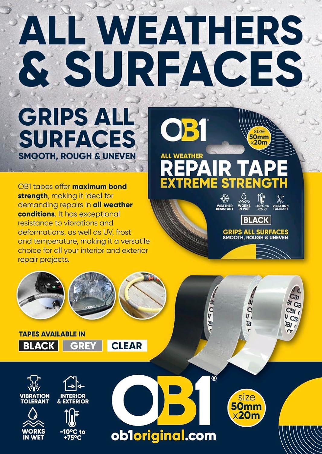 OB1 Black All Weather Repair Tape Extreme Strength - Ultra Strong Waterproof Duct Tape - Maximum Bond Strength - Heat, Water & UV Resistant - Indoor & Outdoor Use - 50mm x 20m Roll