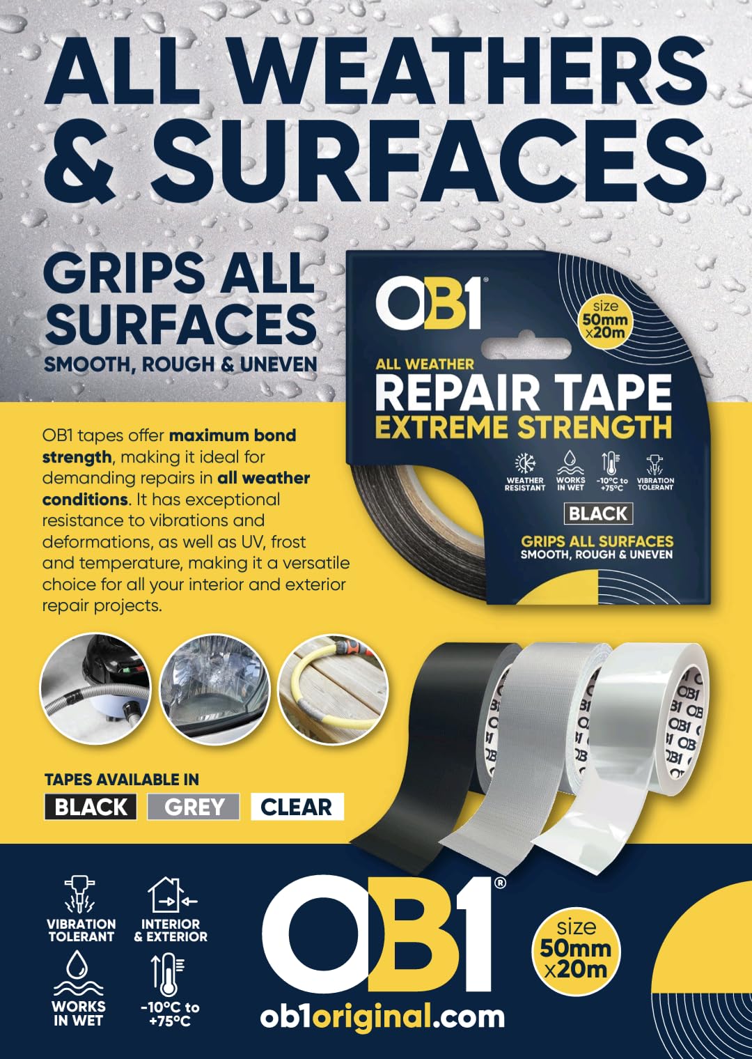 OB1 Black All Weather Repair Tape Extreme Strength, Ultra Strong Waterproof Duct Tape, Maximum Bond Strength, Heat - Image 4
