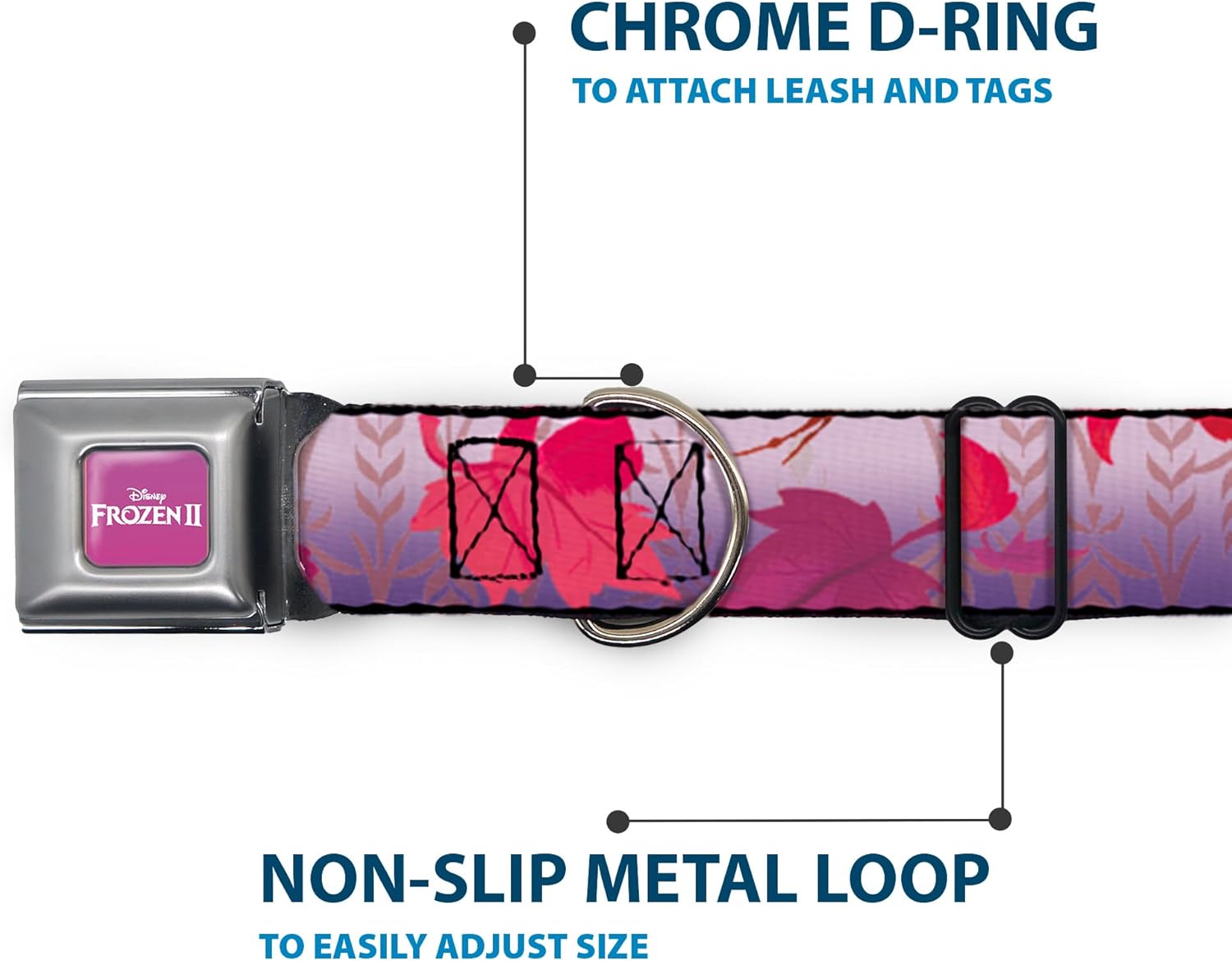Disney Pet Collar, Dog Collar Metal Seatbelt Buckle, Frozen II Swirling Leaves Floral Trim Purples Reds, 9.5 to 13 Inches 1.0 Inch Wide