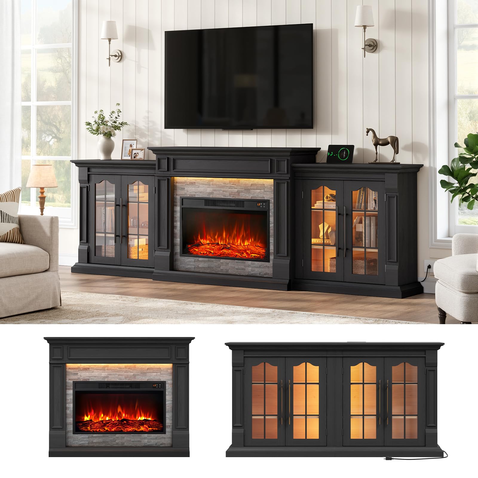LGHM 104" Fireplace TV Stand with LED/Outlet, Sectional Design, Black