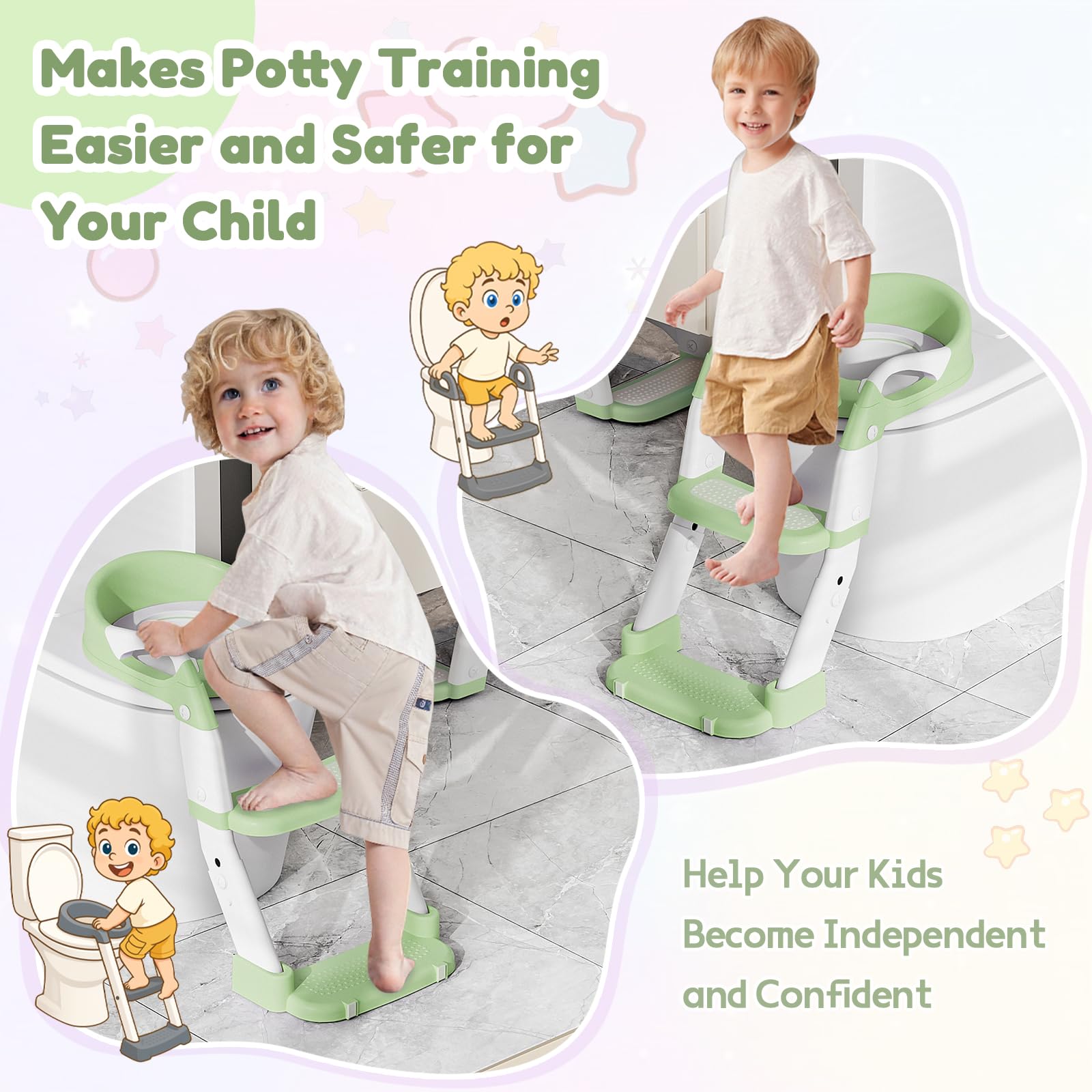 Riduttore WC Bambini con Scaletta, Multifunzione 3 In 1 Scaletta WC Per Water Bambini con Vasino Removibile, Paraspruzzi Estesi Regolabile e Pieghevole Sgabello Antiscivolo, Adattatore per Bambino