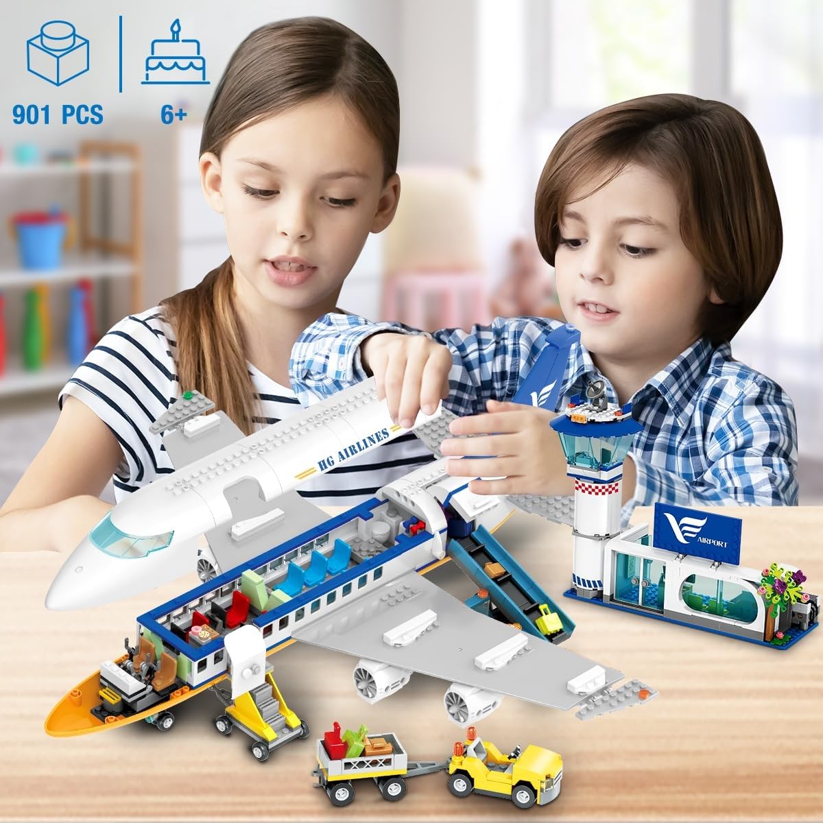 HOGOKIDS City Avion de passagers Jouets de Construction Ensembles avec lumière LED, 901 pcs Blocs de Construction d'avion avec Terminal d'aéroport, Tour Radar, remorque à Bagages, Cadeau pour Enfants