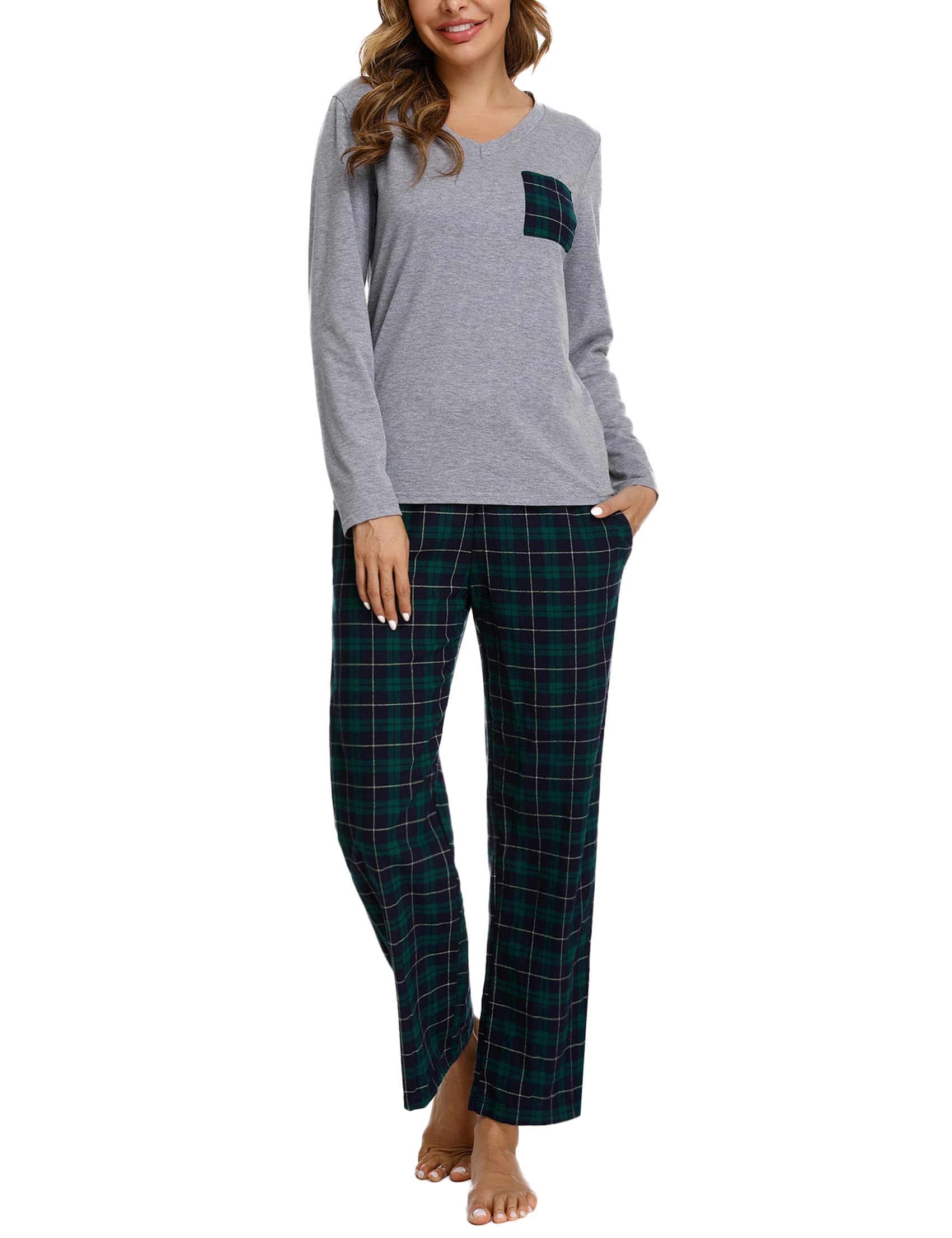 iClosam Pigiama Donna Invernale a Quadri Pigiama Donna in Cotone Lungo Pigiami Due Pezzi da Donna con Tasche Laterali Comodo Casual per la Casa S-XXL