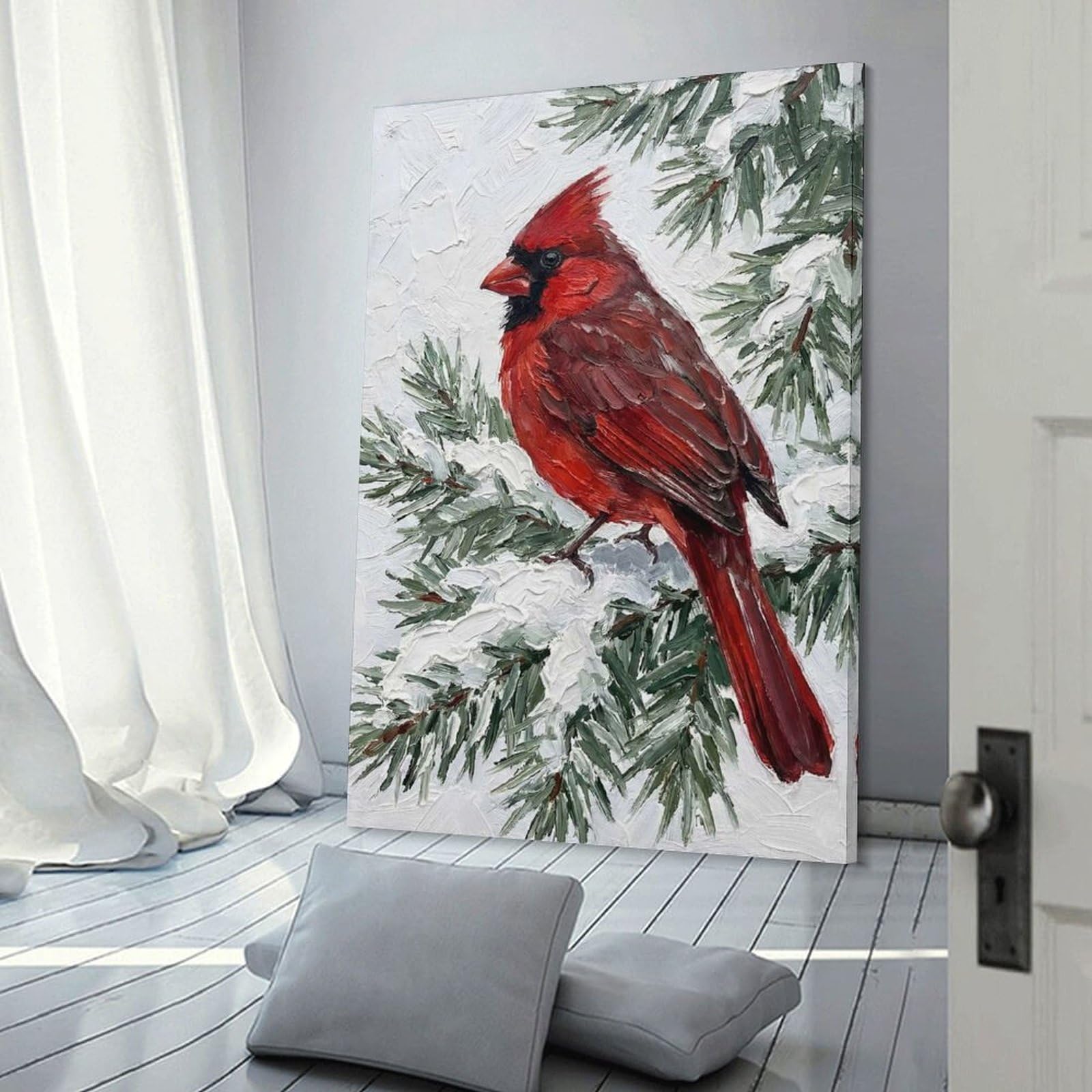 Junmoney Cardinal on Snowy Pine Branch Home Decor Wall Art 08x12inch(20x30cm), for Living Room, Lounge Or Sitting Room, A Home Accent with Warm Character