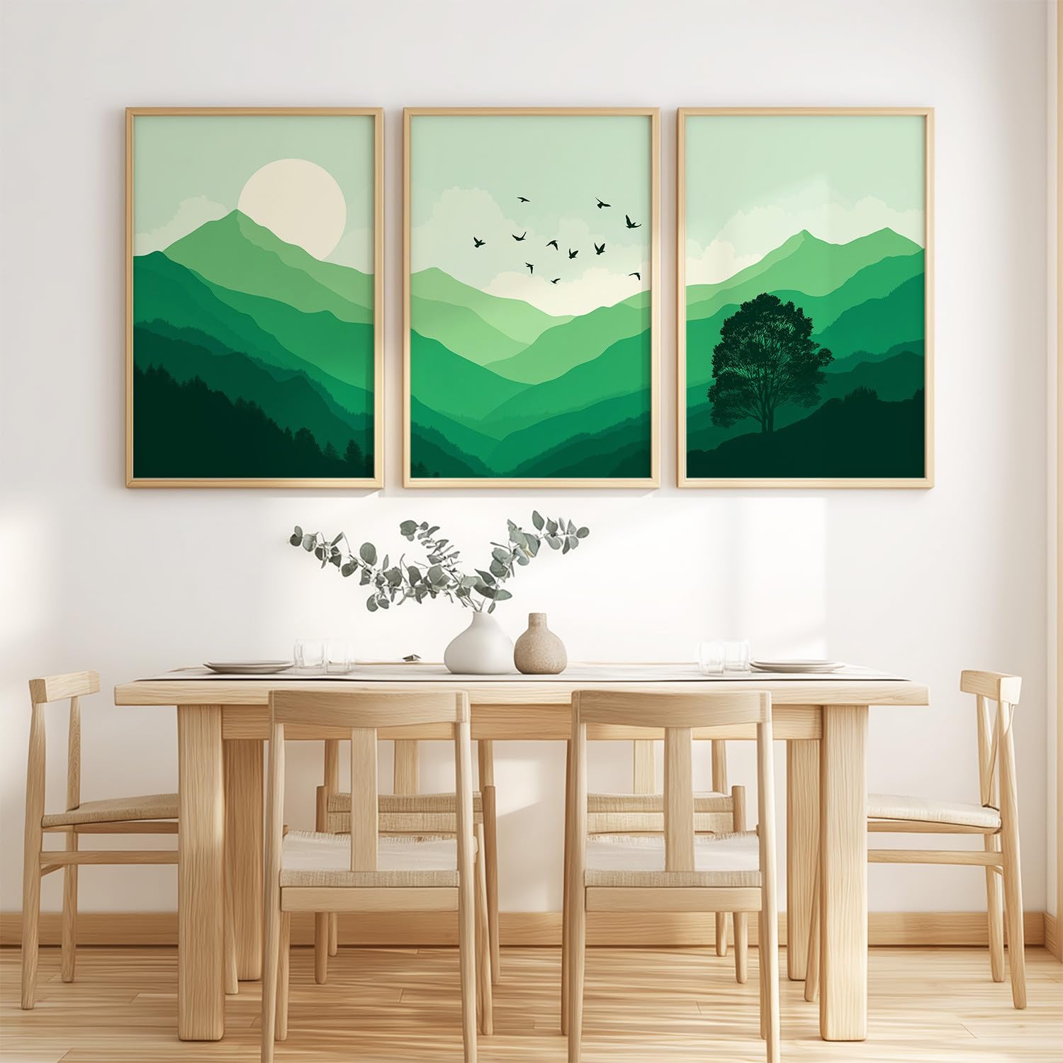 Cuadro decorativo decorativo de pared natural, paisaje de 40 x 50 cm cada uno, arte de pared para salón, dormitorio, entrada o oficina, sin marco, decoración póster de pared, verde oliva gradiente