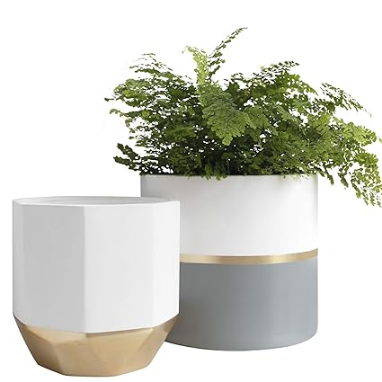 Large White Ceramic Plant Pots - Garden Planters 10 + 8.1 Inch Indoor Flower Pots, Plant Containers with Gold and Grey Detailing