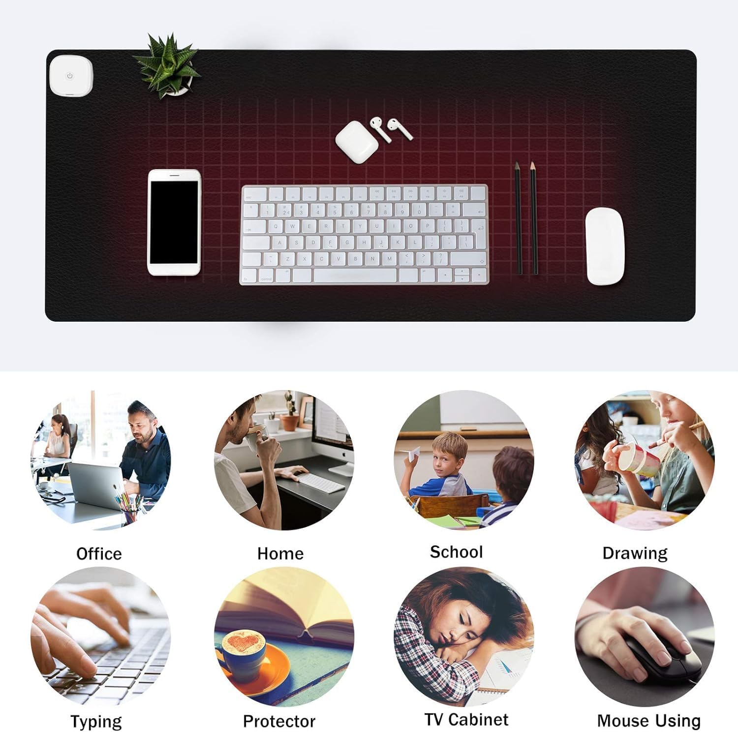 Tapis de souris chauffant – Tapis de bureau chaud, tapis chauffant électrique avec 3 niveaux de chauffage et 4 heures d'arrêt automatique, 80 x 33 cm, tapis de souris de jeu (noir)