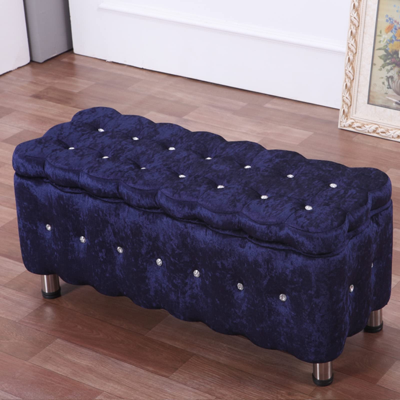 Banc de rangement en velours bleu foncé 90cm avec pieds en métal