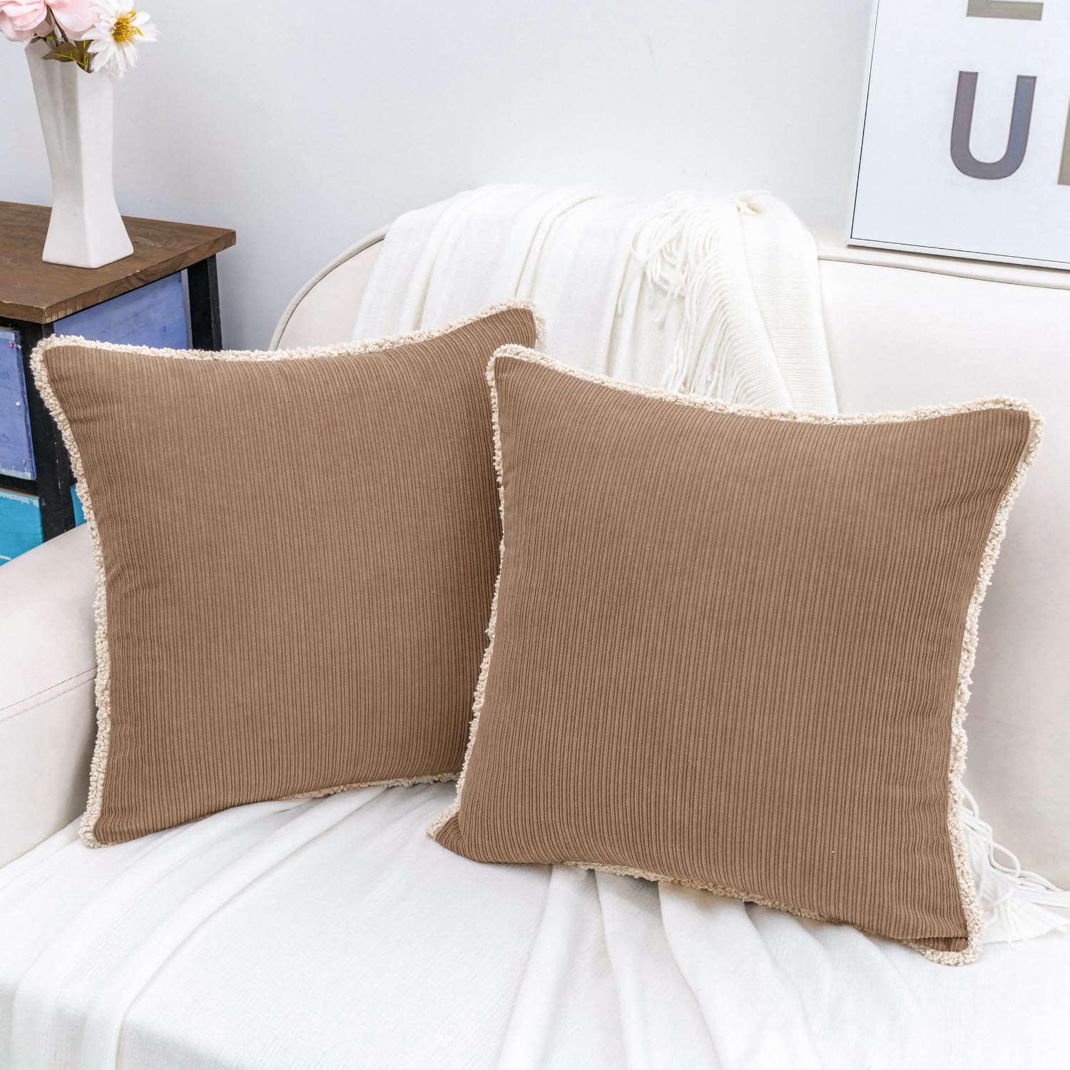HWY 50 Taupe Chenille Throw Pillow Covers 22x22 Inch with Tassels Fringe, Pack of 2, Soft Boho Farmhouse Cushion Cases for Couch Sofa Bed Living Room