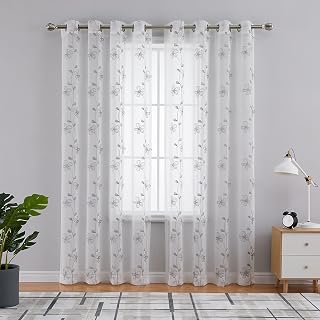 CAROMIO set of 2 voile curtains with eyelets, transparent linen look, sheer floral curtains in country style, window curtains for living room, bedroom, grey, 140cm*175cm