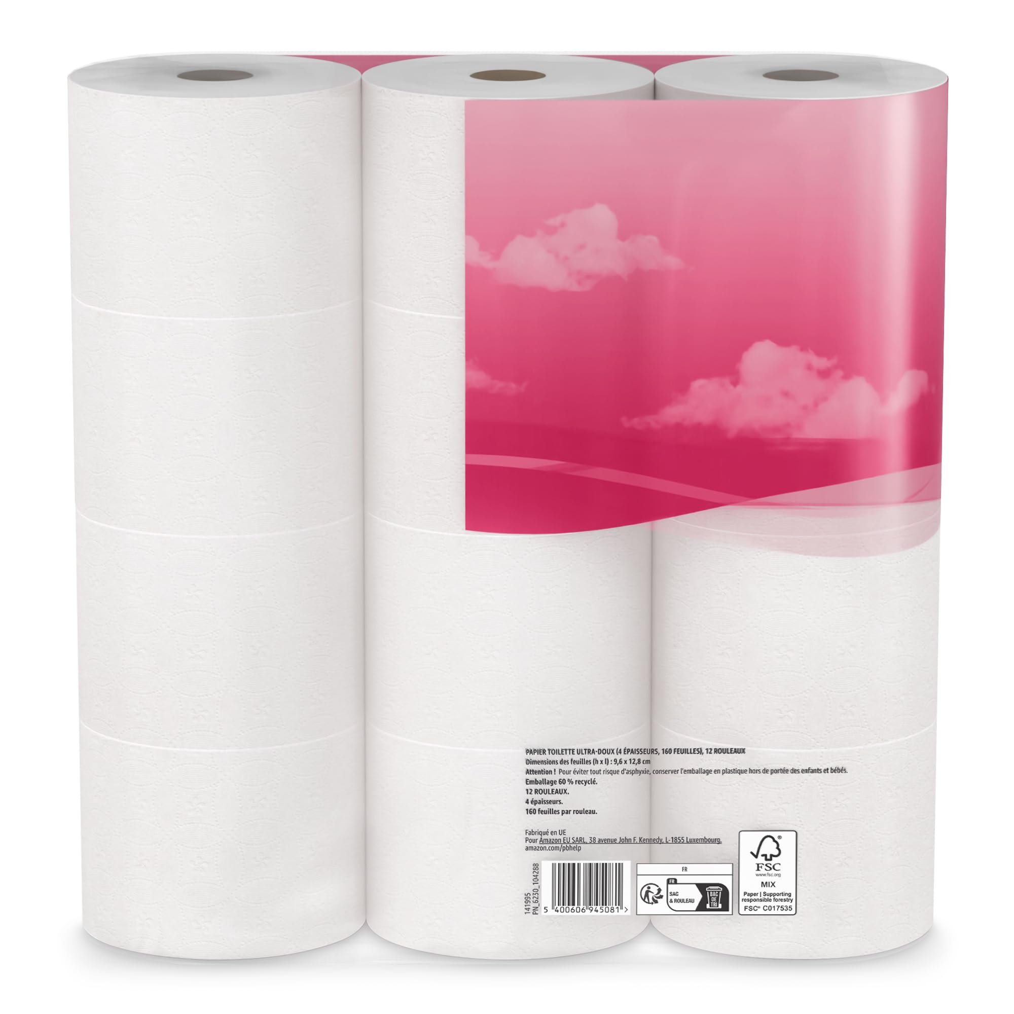 by Amazon 4 capas papel higiénico, Sin perfume, 160 hojas, 48 Unidad, 4 Paquetes de 12