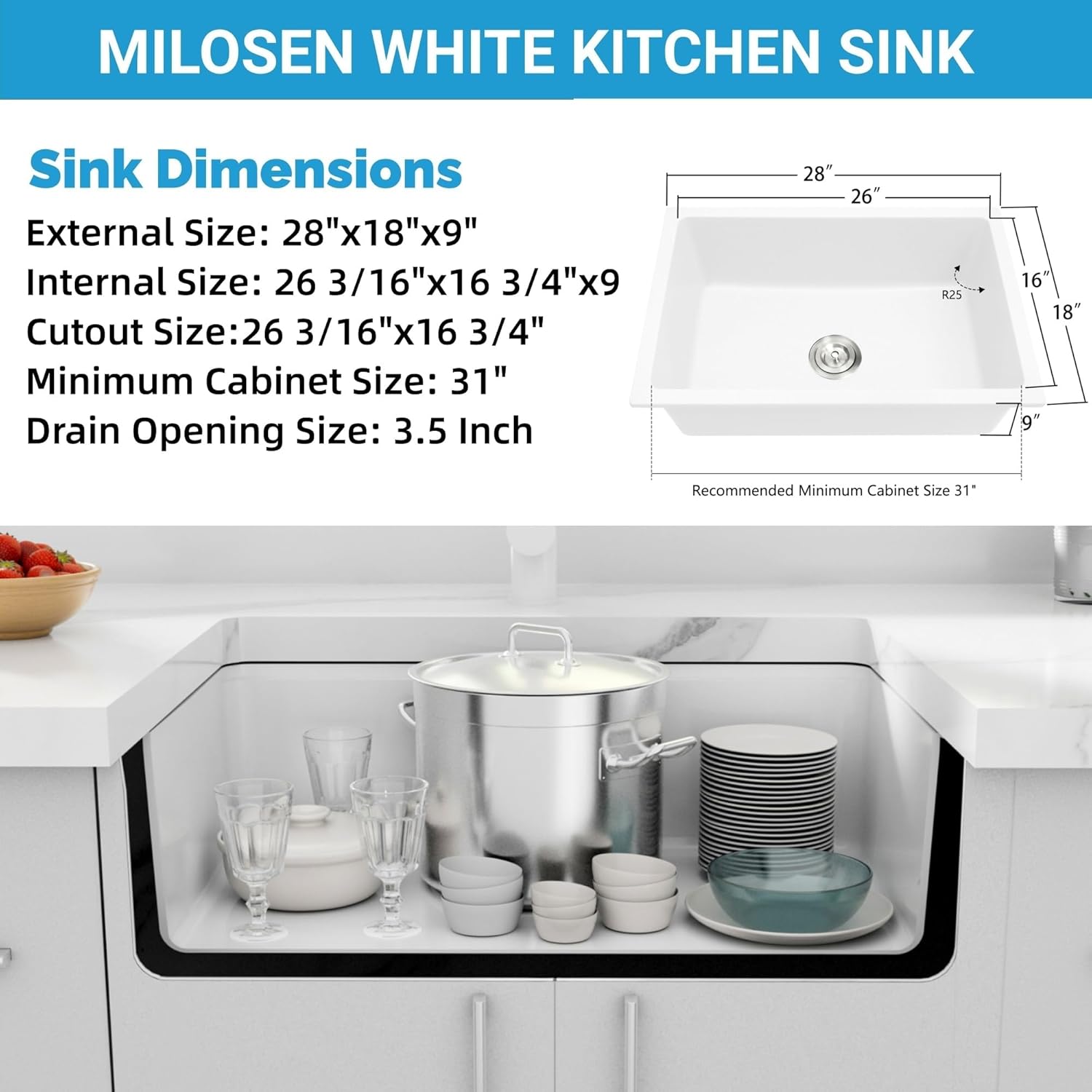 MILOSEN White Undermount Kitchen Sink, 28×18 inch White Granite Composite Kitchen Sinks, 9'' Depth Deep and Large Quartz Sink with Accessories, Pure White Single Bowl Large Capacity Basin for Kitchen
