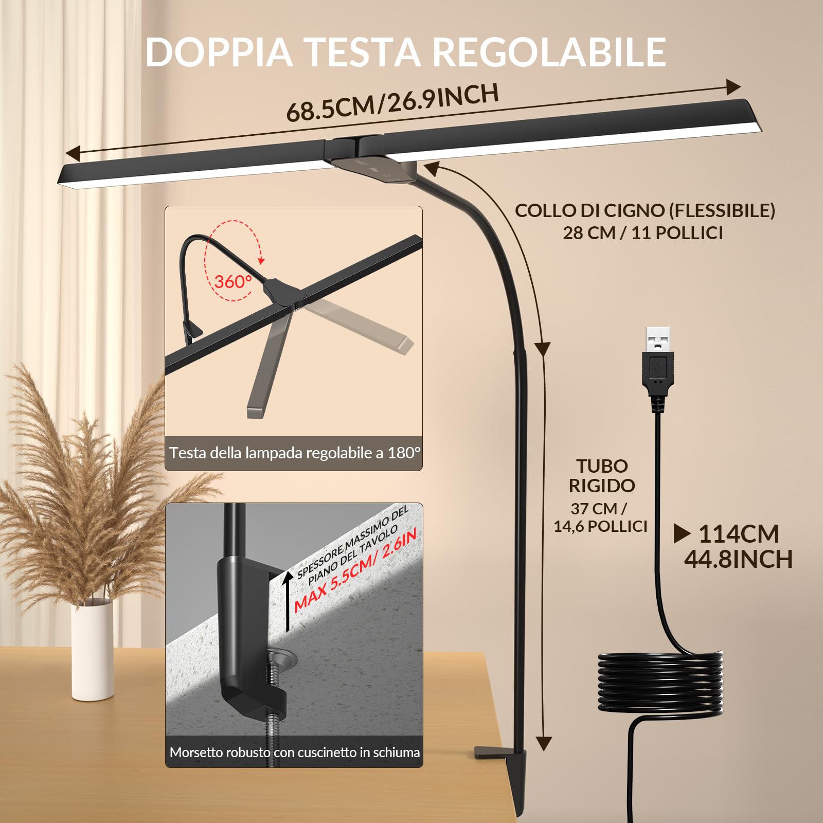 Lampada da Scrivania LED Dimmabile, Doppia Testa a Morsetto 68,5CM, Controllo Touch con 4 Temperature di Colore & 3 Luminosità, Lampada USB per Homeoffice Lettura Cucito Disegno