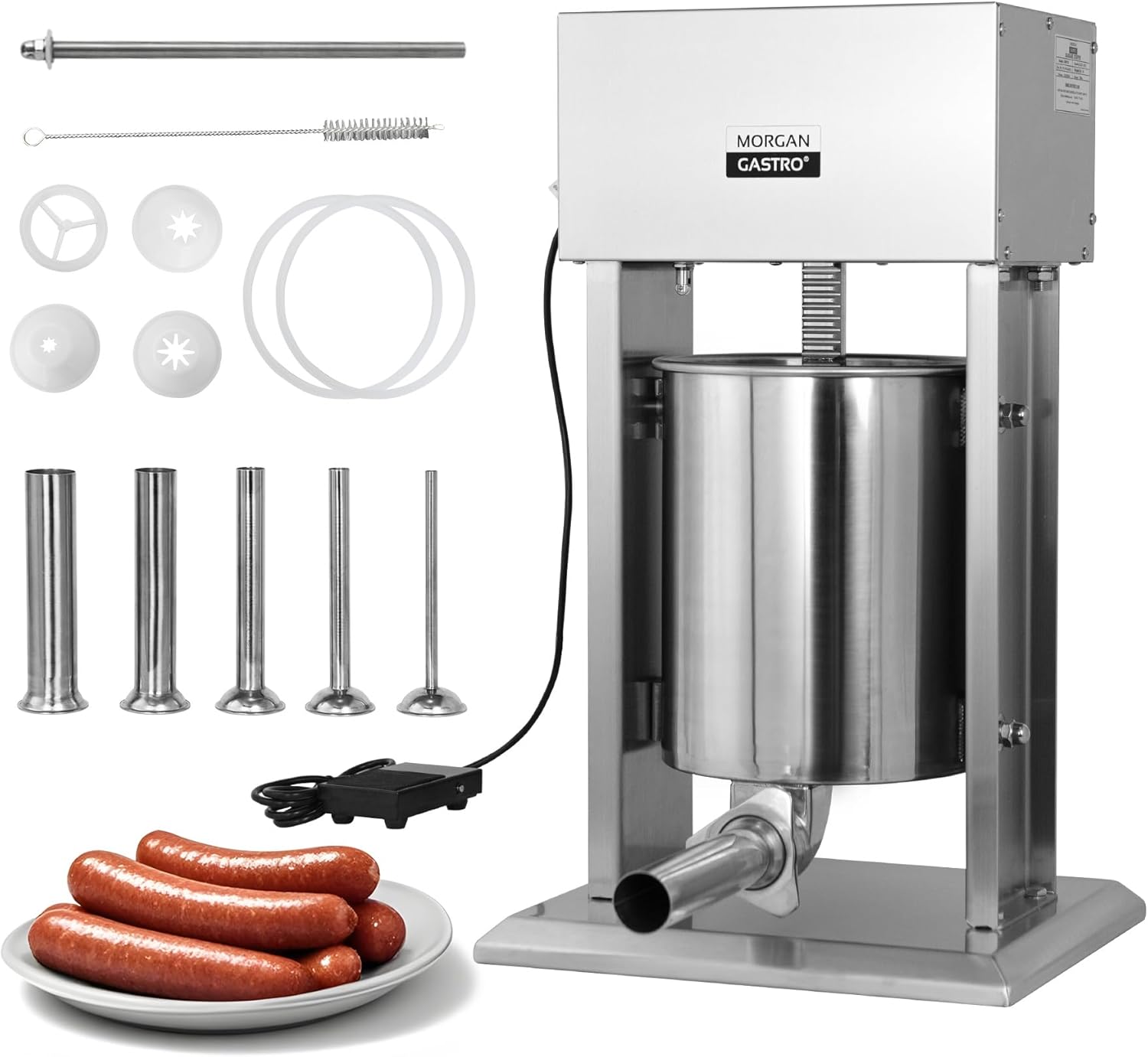 20LBS/10L Electric Sausage Stuffer - Commercial-grade stainless steel with 5 tubes, foot pedal & speed control. Perfect for home/professional use
