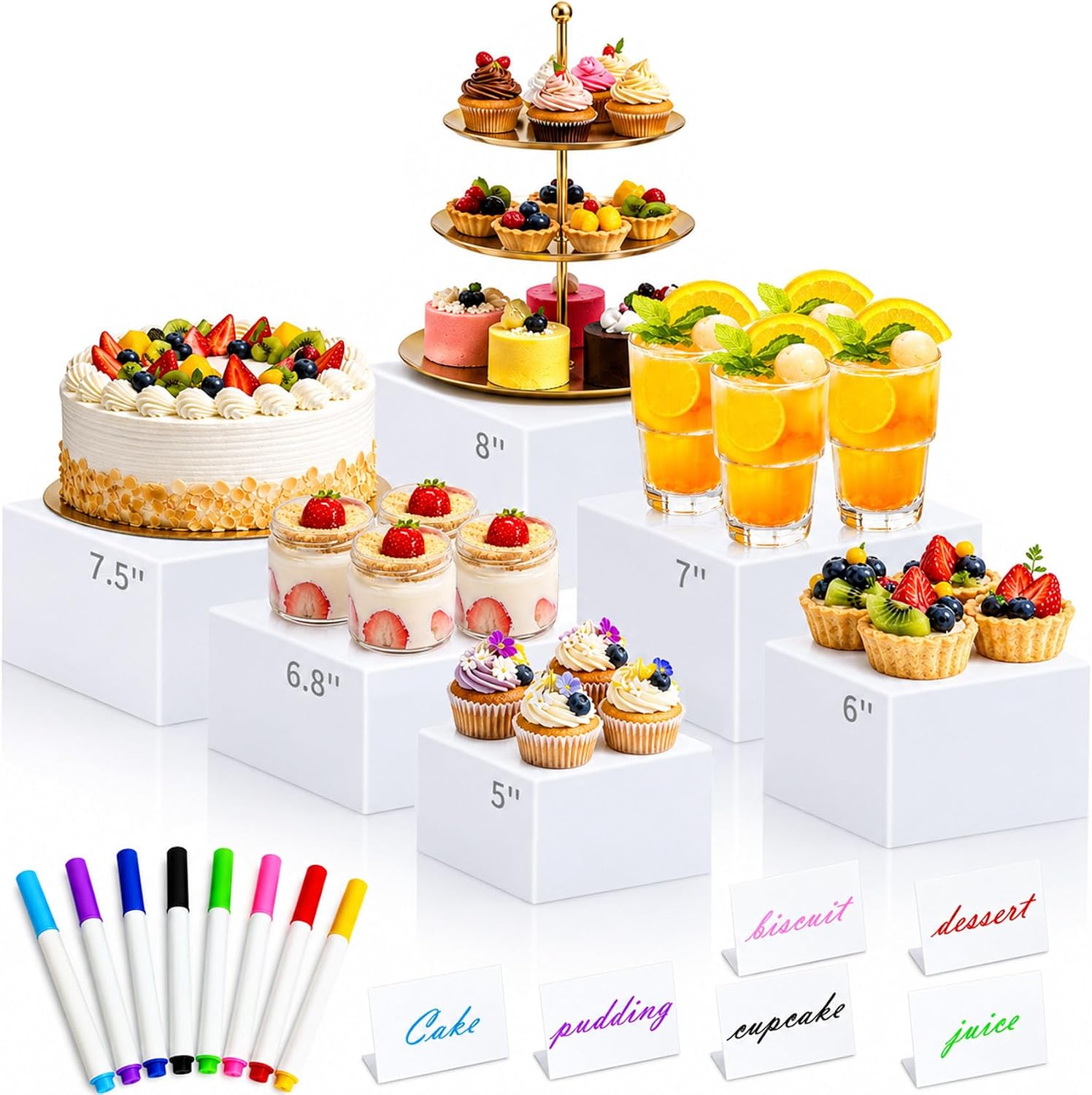 ABenkle 6 Pcs Buffet Risers, Acrylic Food Risers, Buffet Table Risers and Stand Shelf Desktop Display for Party Catering Dessert Cupcake with Sign and Maker(5"/6"/6.8"/7"/7.5"/8")
