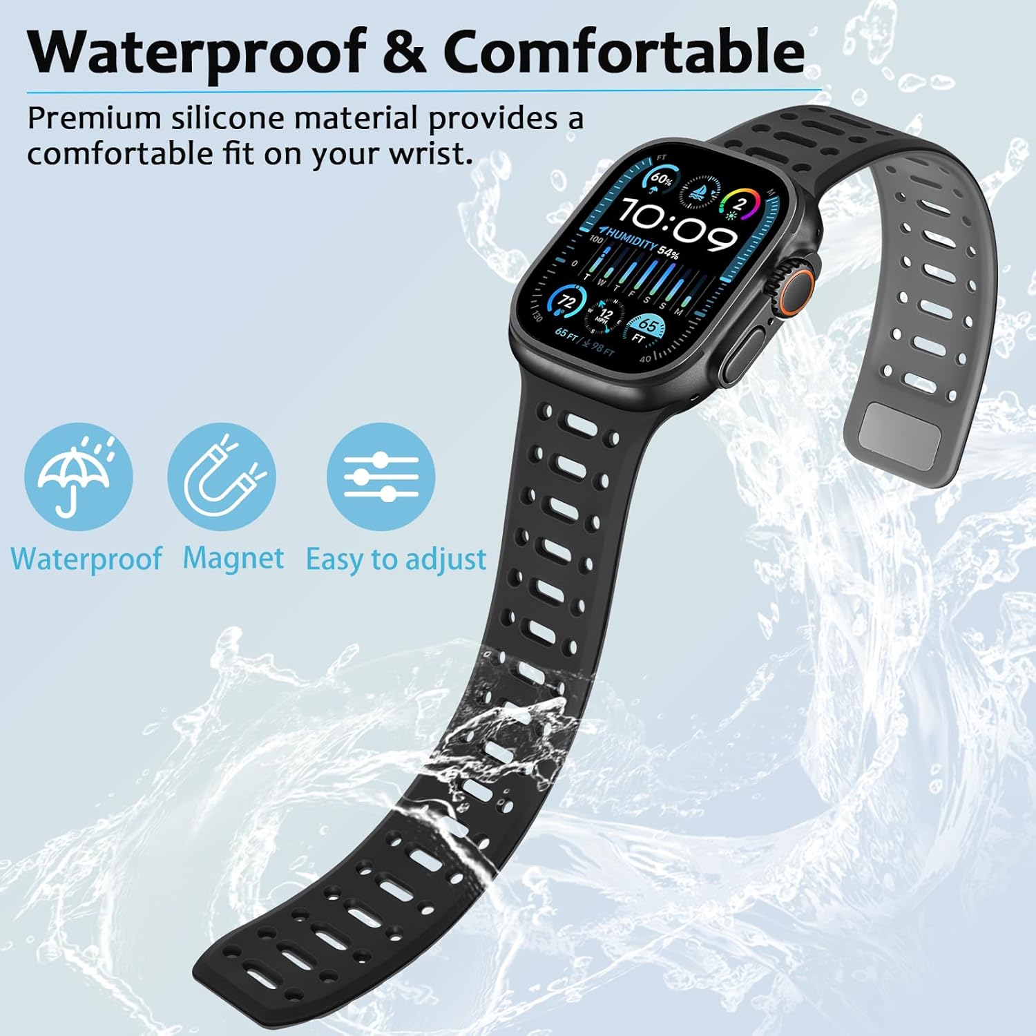 Amizee Compatible with Apple Watch Band 49/46/45/44/42/41/40/38mm Men, Silicone Breathable Magnetic Strap for iWatch Ultra 3/2/1 Series 11 10 9 8 7 6 5 4 SE3/2/1 (49/46/45/44/42mm, Black Gray) - Image 4