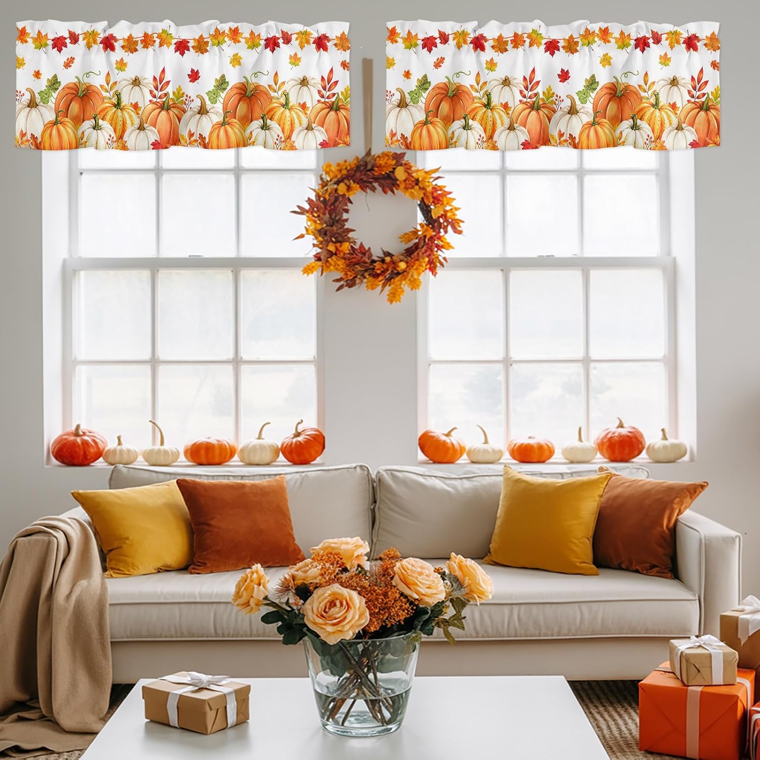 Fall Window Valances Thermal Insulated Rod Pocket Curtains Pumpkin Maple Leaves Orange Yellow Thanksgiving Window Treatments Valance, Tier Drapes for Living Room Bedroom 54" W x 18" L