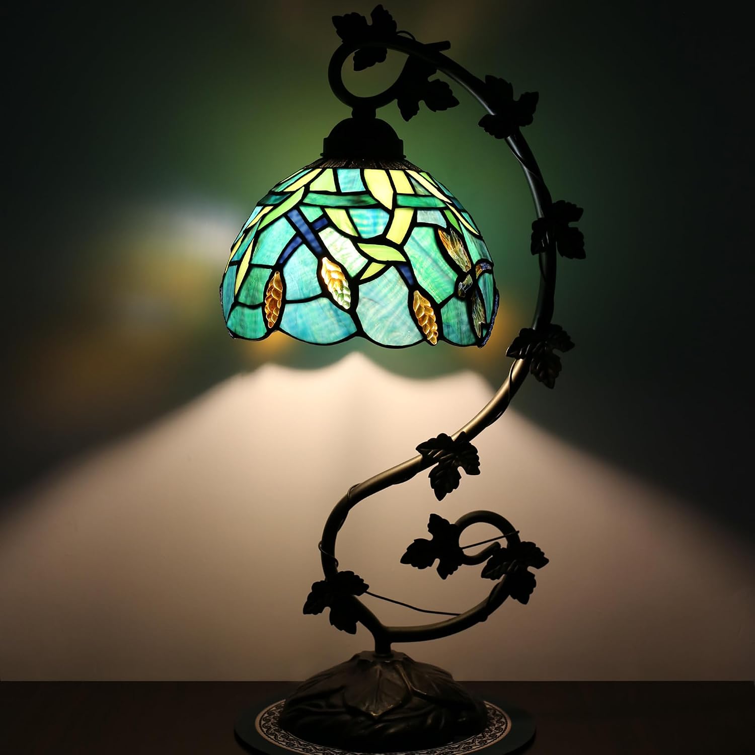 Tiffany Lamp Stained Glass Style Table Lamp 8 x 10 x 21” Dragonfly Ears of Wheat Bedside Reading Light with Arched Metal Leaf Base for Desk Bedroom Living Room Study