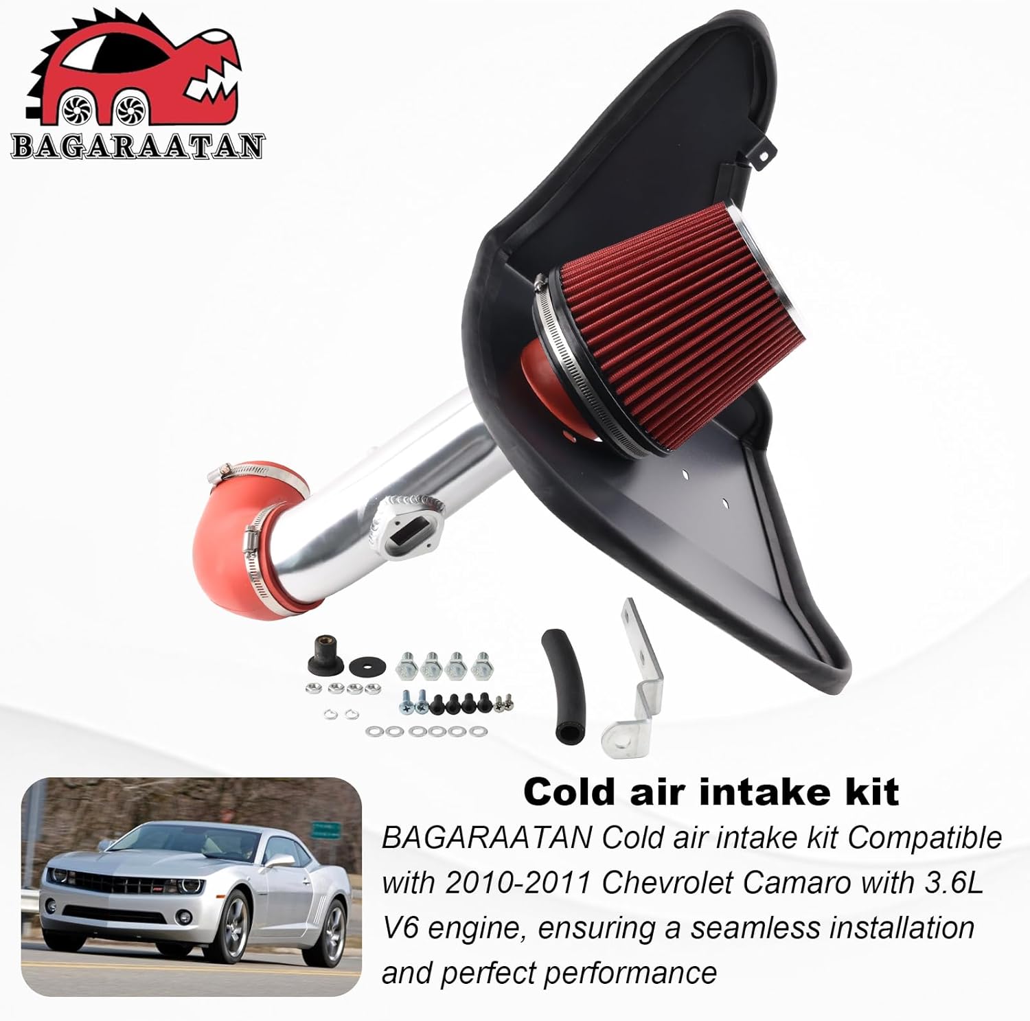 Cold Air Intake Compatible with 2010-2011 Chevrolet Camaro with 3.6L V6 engine Performance Air Intake System with Black Heat Shield, Red Filter