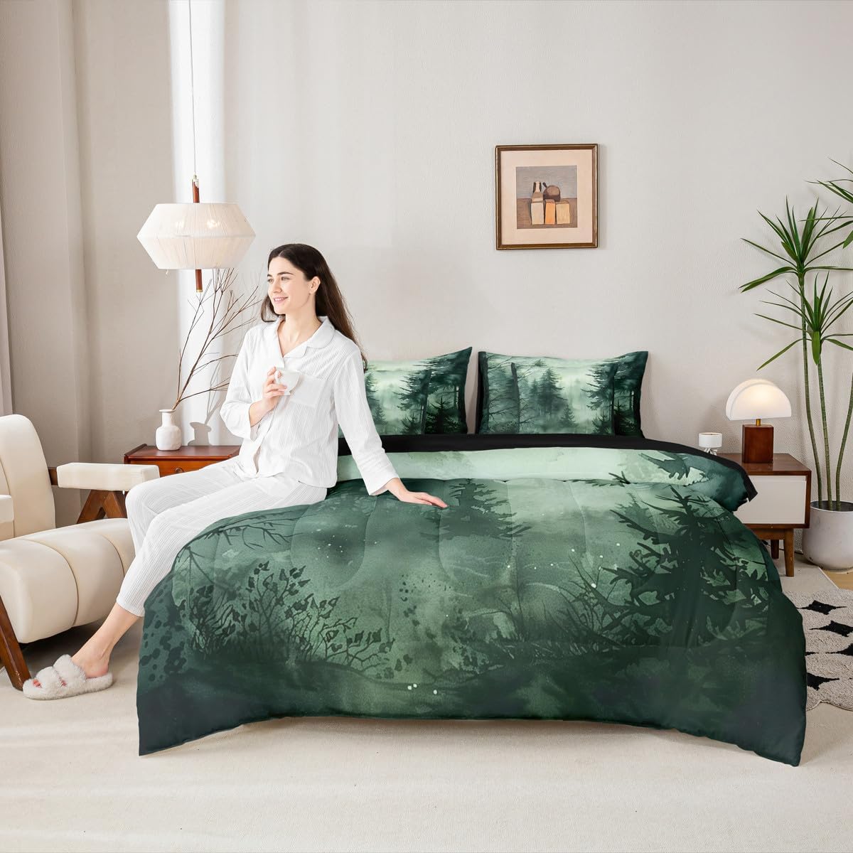 Erosebridal Forest Comforter Set with Sheets Green Nature 7 Pcs Bedding Set Smoky Misty Trees Bed in A Bag for Mens,Woodland Natural Plants Bedding Comforters,Queen