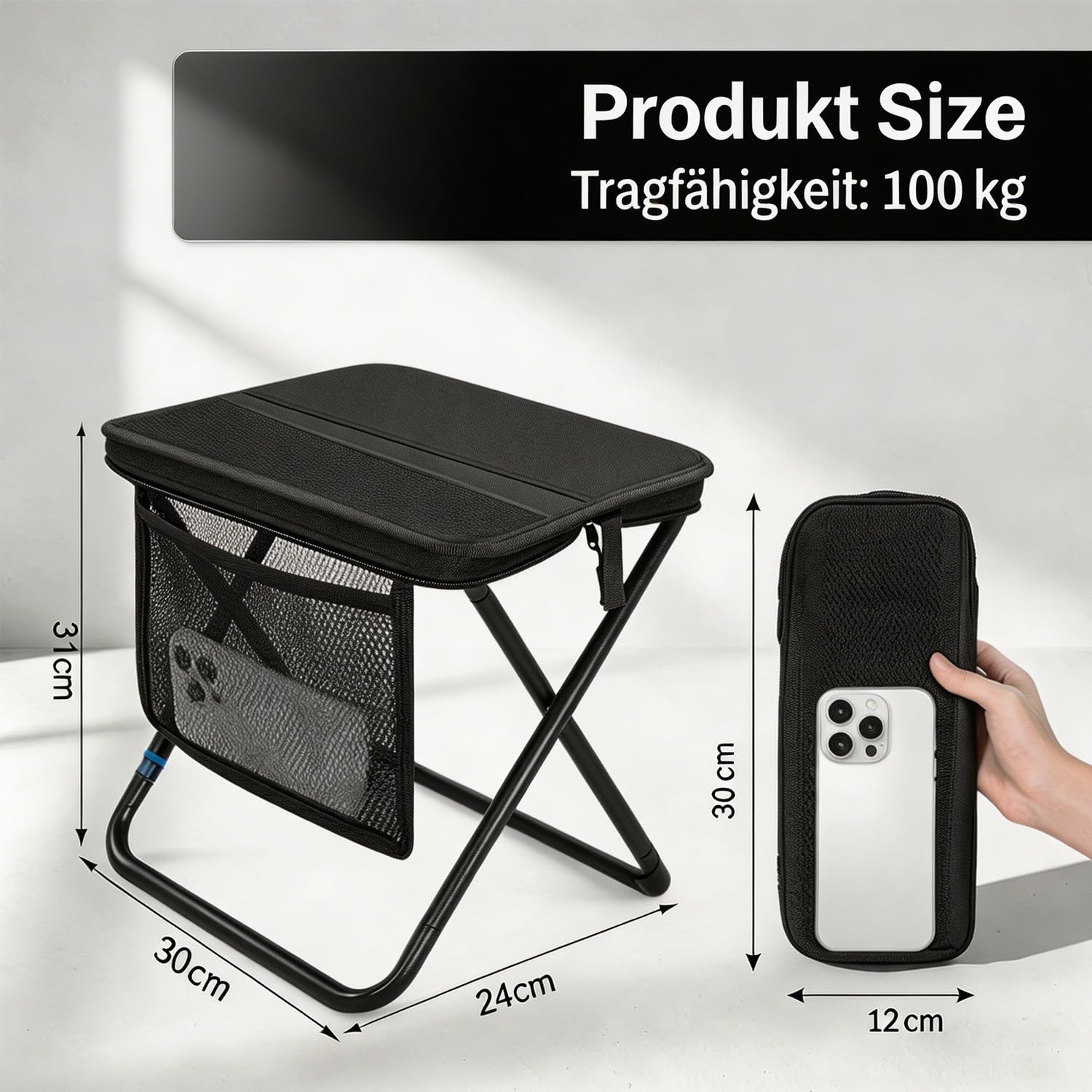 HUIZHOU Sgabello Pieghevole Portatile da Campeggio, Sedia Esterna Compatta e Leggera con Borsa e Cerniera, Robusta e Stabile, Ideale per Pesca, Escursionismo, Viaggi e Attività Outdoor (Nero)