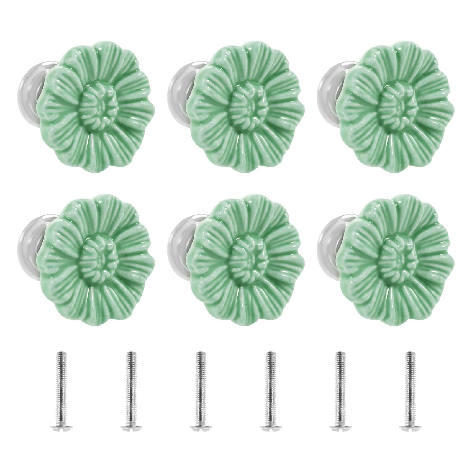 Nihuifdpy Green 6Pcs Drawer Knobs, Decorative Ceramic Cupboard Handles, 33Mm Elegant Flower Shape Design Kitchen Door Handles, Vintage Furniture Pull Knobs With Screws For Closet, Dresser, Furniture Door(Green)