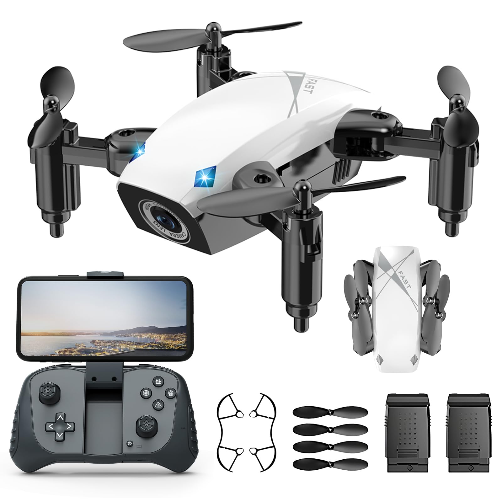 Drones for Kids with Camera, Mini RC Quadcopter Toy with Foldable Wings, Voice & Gesture Control, Altitude Hold, Full Propeller Guard, 2 Batteries,