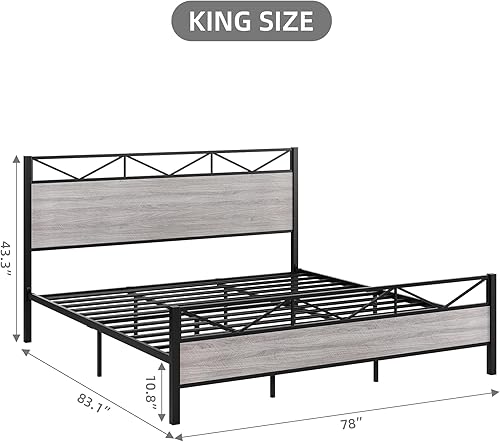Miniatura 8 de GAOMON Base de cama tamaño Queen, marco de cama de plataforma de metal con cabecera y estribo de madera rústica vintage, sin ruido, fácil montaje,