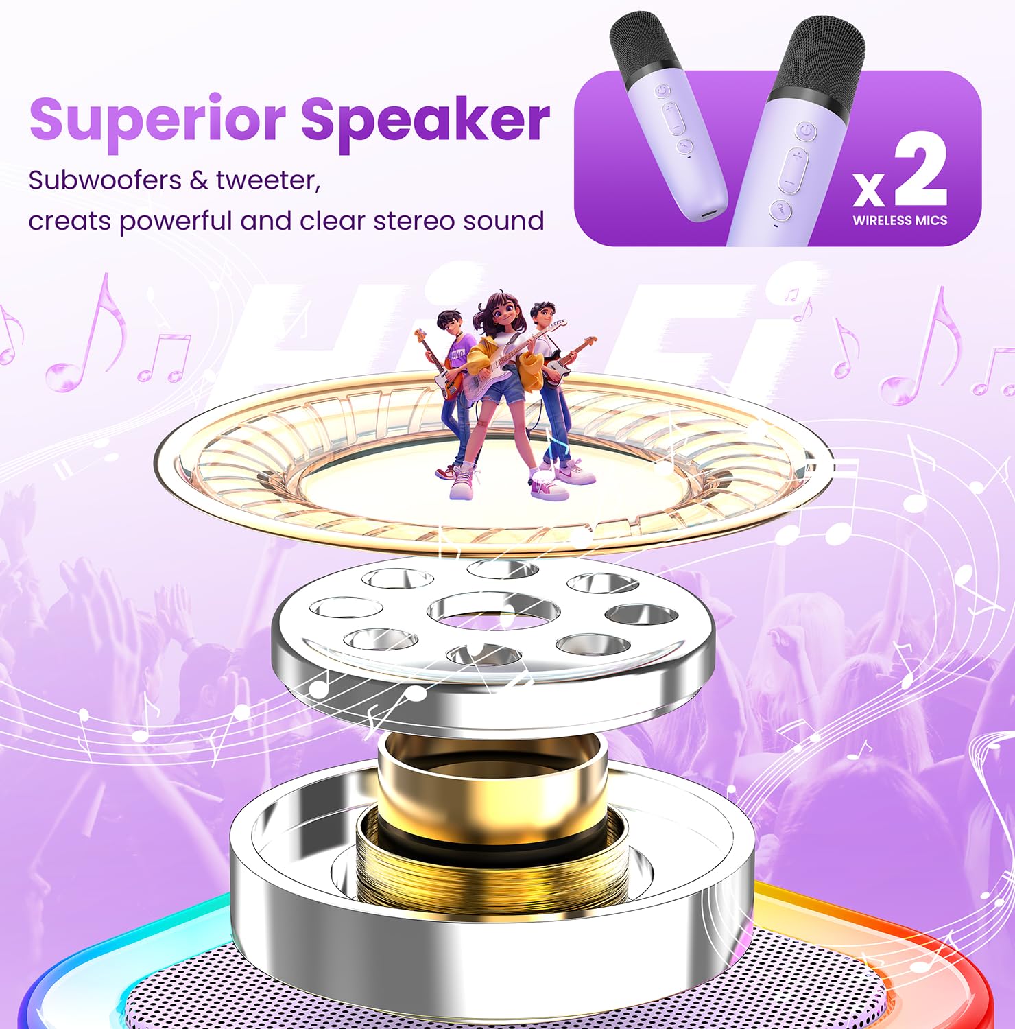 Karaoke Machine for Kids Adults, Portable Bluetooth Mini Karaoke Microphone Singing Speaker Karaoke Player with 2 Wireless Mic Toys for All Smartphones,Birthday, Family,Home Party (Light Purple) - 3