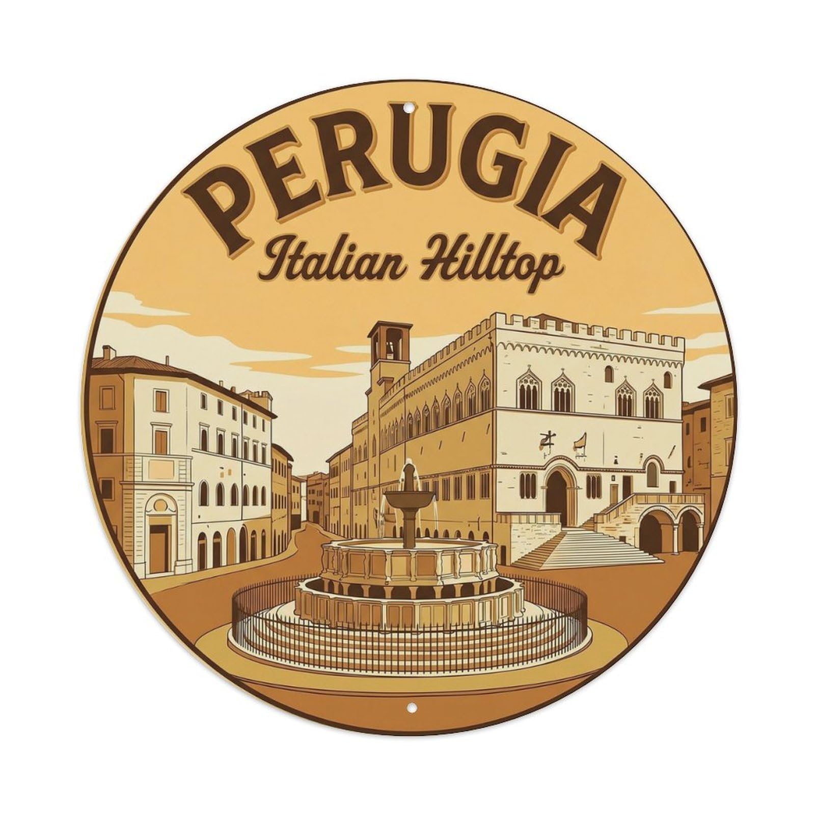 Umbrian Square Historic Tourism Classic Destination Heritage Metal Tin Sign Plaque Wall Decor for Cafe, Man Cave, Club Bar, Office, Home Garden Round Metal Poster 8x8Inch