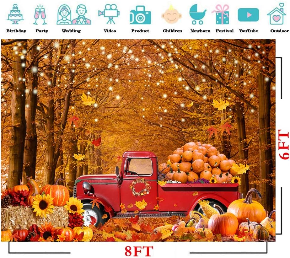 Miniatura 4 de CYLYH Telón de fondo de fotografía de otoño de 8 x 6 pies, hojas de bosque de arce, automóvil, calabaza, amigos, fondo, suministros de fiesta de