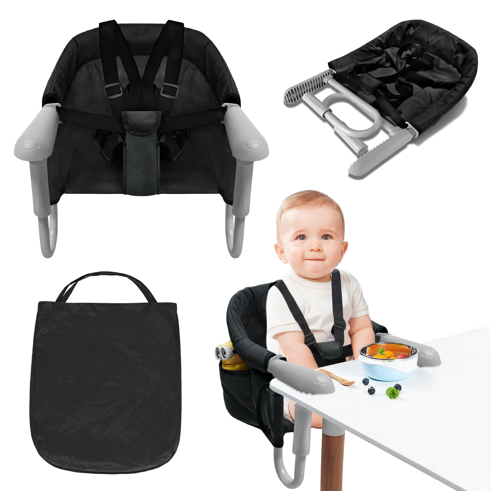 Froadp Seggiolino da tavolo pieghevole per bambini, con custodia e linguette di fissaggio sicure, per bambini, seggiolone, con aste di fissaggio regolabili, per casa, viaggi, colore nero