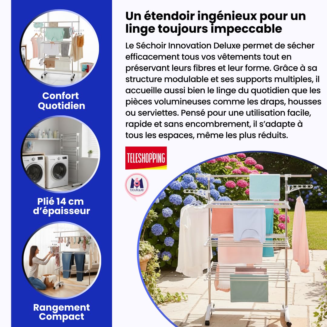 Téléshopping - Sechoir Linge Innovation Deluxe 22m | 6 Plateaux Réglables + 1 Barre Extensible | Etendoir Linge Capacité 25kg | 36 Crochets + 2 Porte-Cintres | Roulettes & Structure Acier Pliable