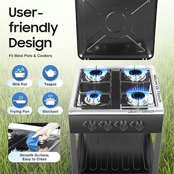 Commercial 4 Burner Gas Cooker, Outdoor 300000 BTU Stove Free Standing Gas Cooktops Kitchen Cooking Stove with Shelf Portable Cooker BBQ Grill Wind Shield (Black)