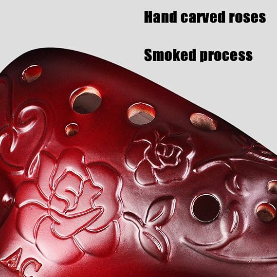 Adult Beginner 12 Hole Alto C Clay Ocarina, Natural Smoked Submarine Type Playing Instrument, Beautifully Hand-Carved Roses, Cloth Bag + Lanyard + Mouthpiece Protector, Antique Color