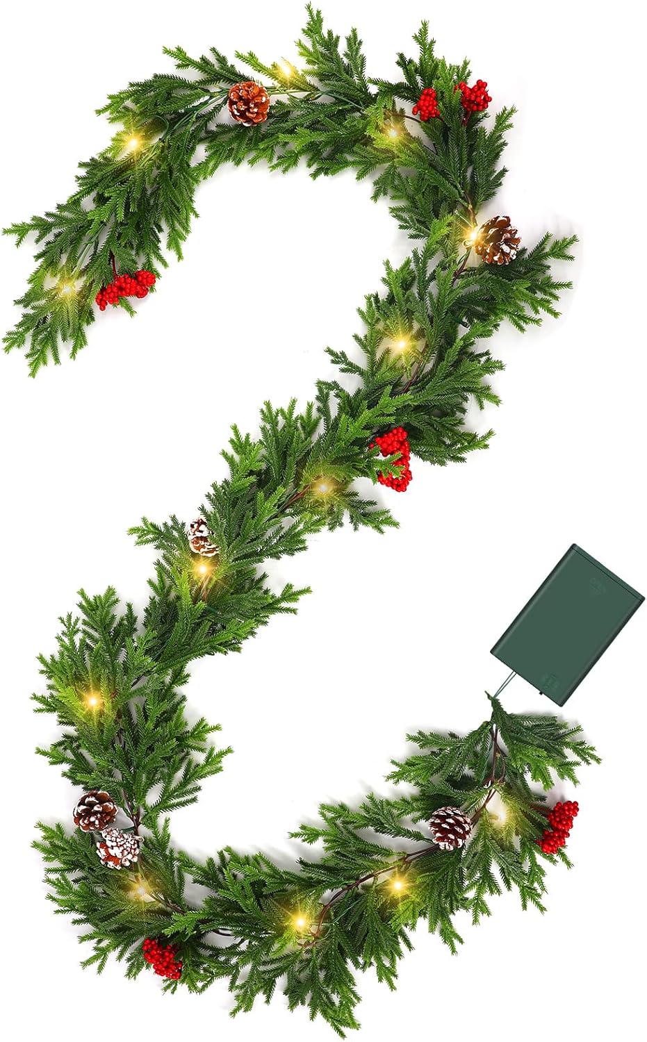 6FT Prelit Christmas Garland with Lights, Realistic Cedar Garland with Red Berries Pine Cone Artificial Real Touch Greenery Lighted Xmas Garland for Mantle Stair Railing Fireplace Decorations