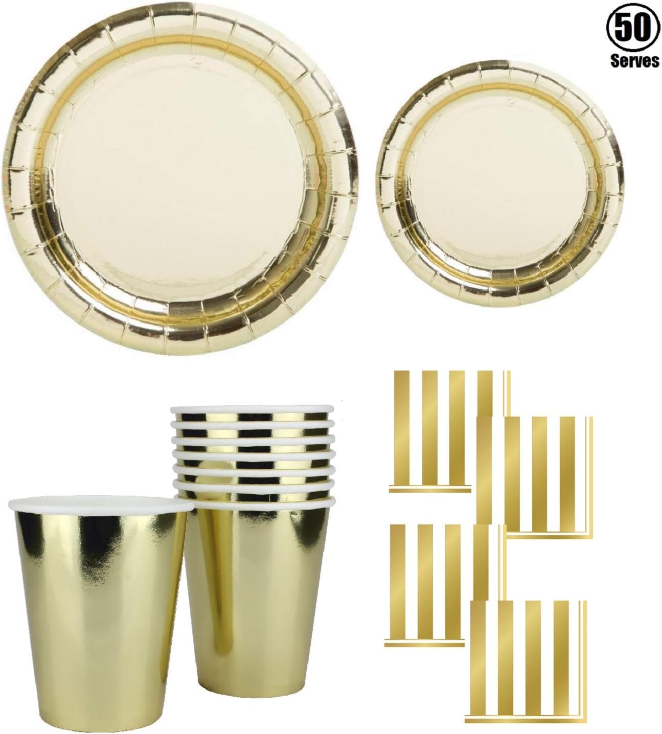 Oojami Gold Party Plates, Cups & Napkins Set for 50 – Disposable Dinnerware, 12oz Cups, 3-Ply Napkins, Paper Plates – Birthday, Football, Super Bowl, Graduation, Tailgate