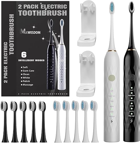 Paquete de 2 cepillos de dientes eléctricos, cepillo de dientes eléctrico para adultos con 10 cabezales de cepillo de repuesto, 2 soportes para