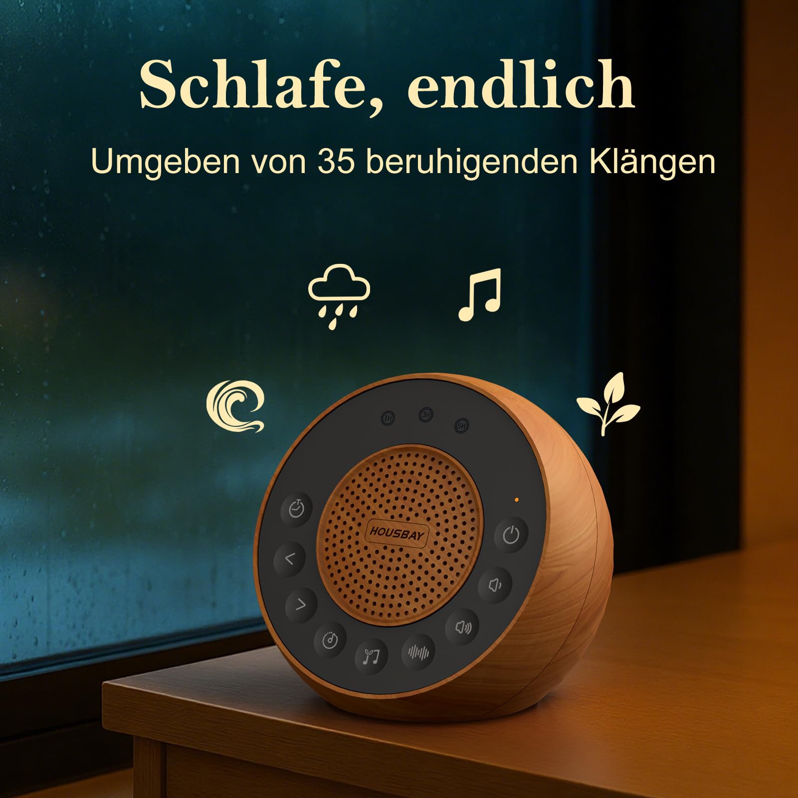 Housbay White Noise Machine, 35 suoni calmanti, suoni naturali per addormentarsi, con timer Sleep e design effetto legno, per neonati e adulti