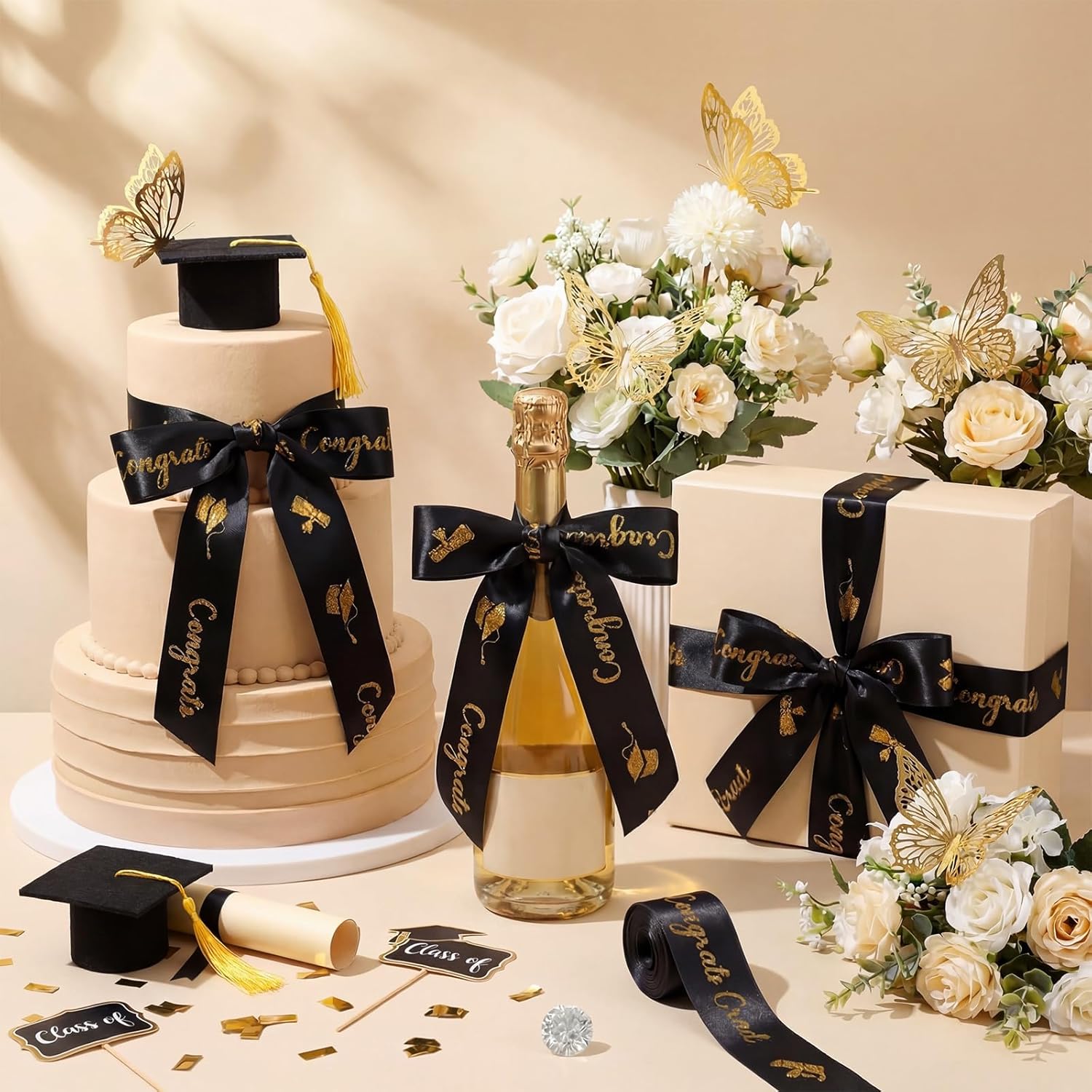 Zeyune 114 Pcs 2026 DIY Graduation Bouquet Set Black Ribbon with Glitter Gold Congrats Grad Mini Graduation Caps with Tassel Gold Butterfly Decor Diamond Pins for Graduate DIY Flower Gift