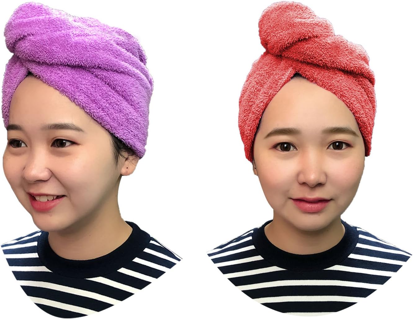 Hair Drying Towels - Microfiber Hair Towel Fast Dry Hair Wrap Ultra Absorbent Turban Microfiber Towel with Elastic Loop for All Hair Styles 2 Pcs (Pink and Purple)